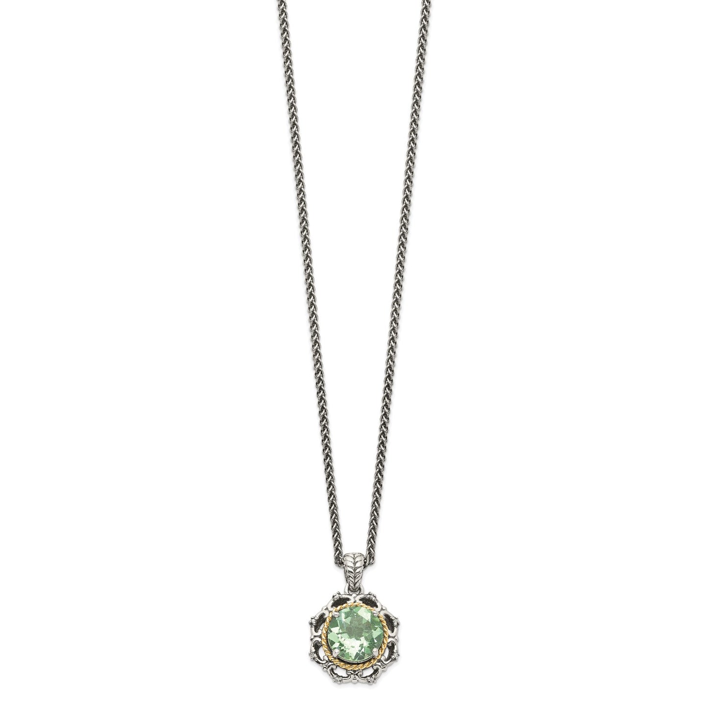 GSS Sterling Silver with 14K Accent 18 Inch Antiqued Round Green Quartz and Diamond Necklace