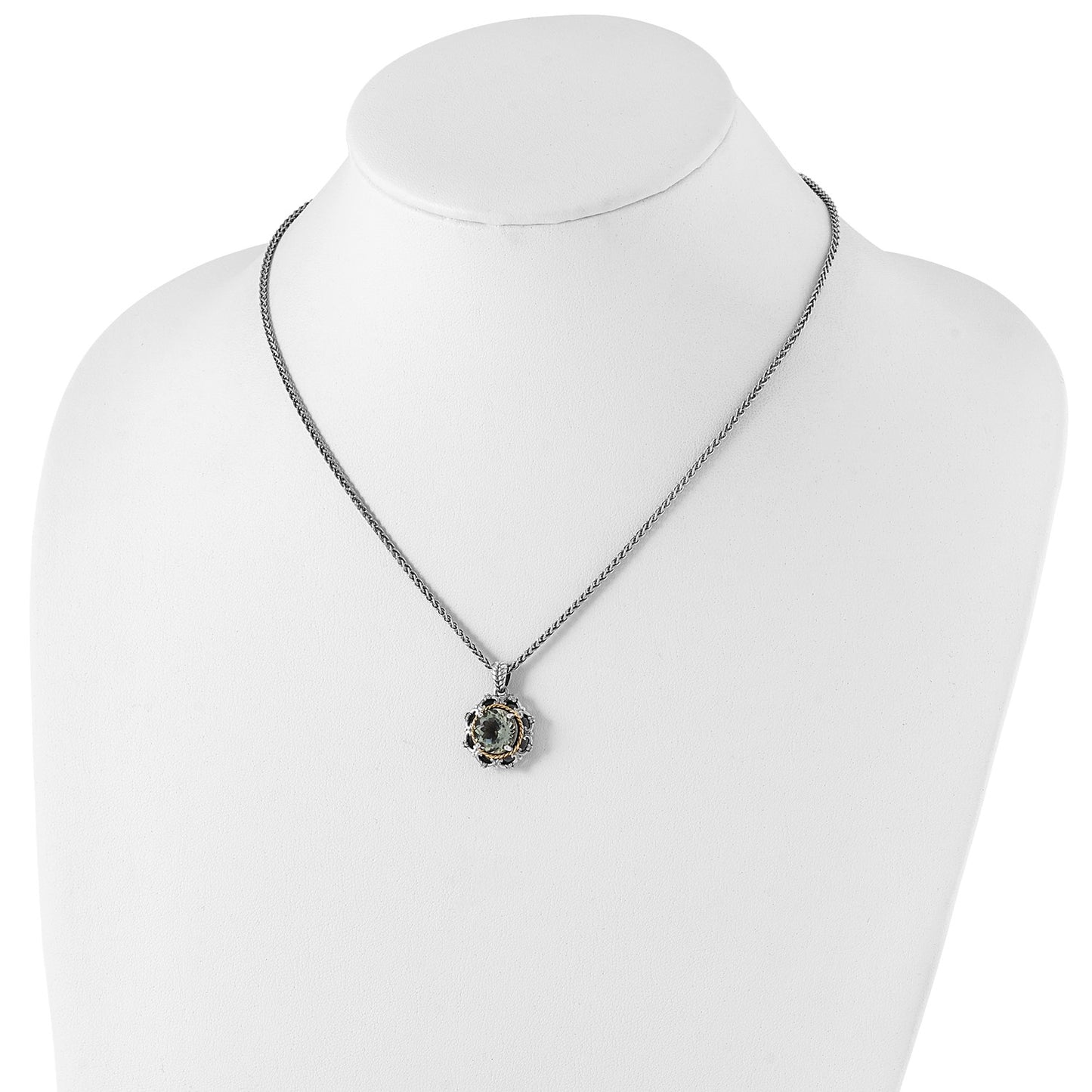 GSS Sterling Silver with 14K Accent 18 Inch Antiqued Round Green Quartz and Diamond Necklace