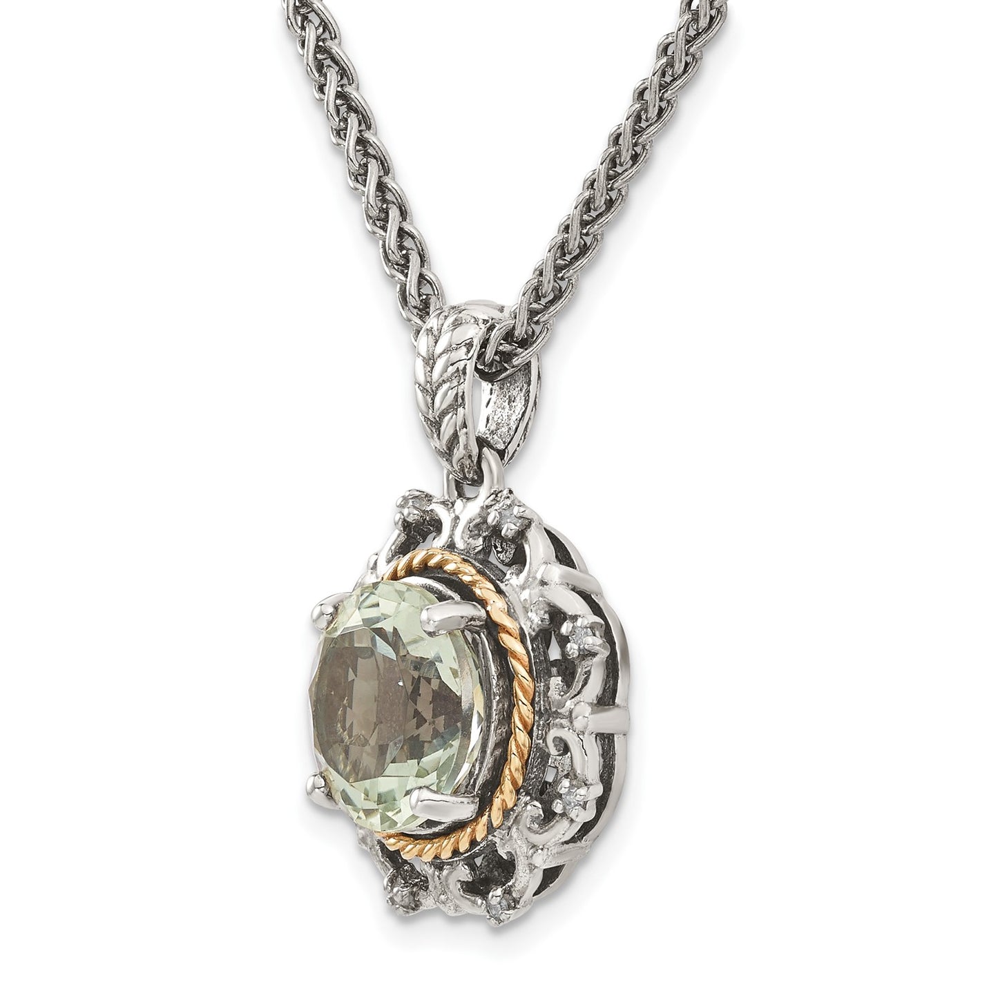 GSS Sterling Silver with 14K Accent 18 Inch Antiqued Round Green Quartz and Diamond Necklace