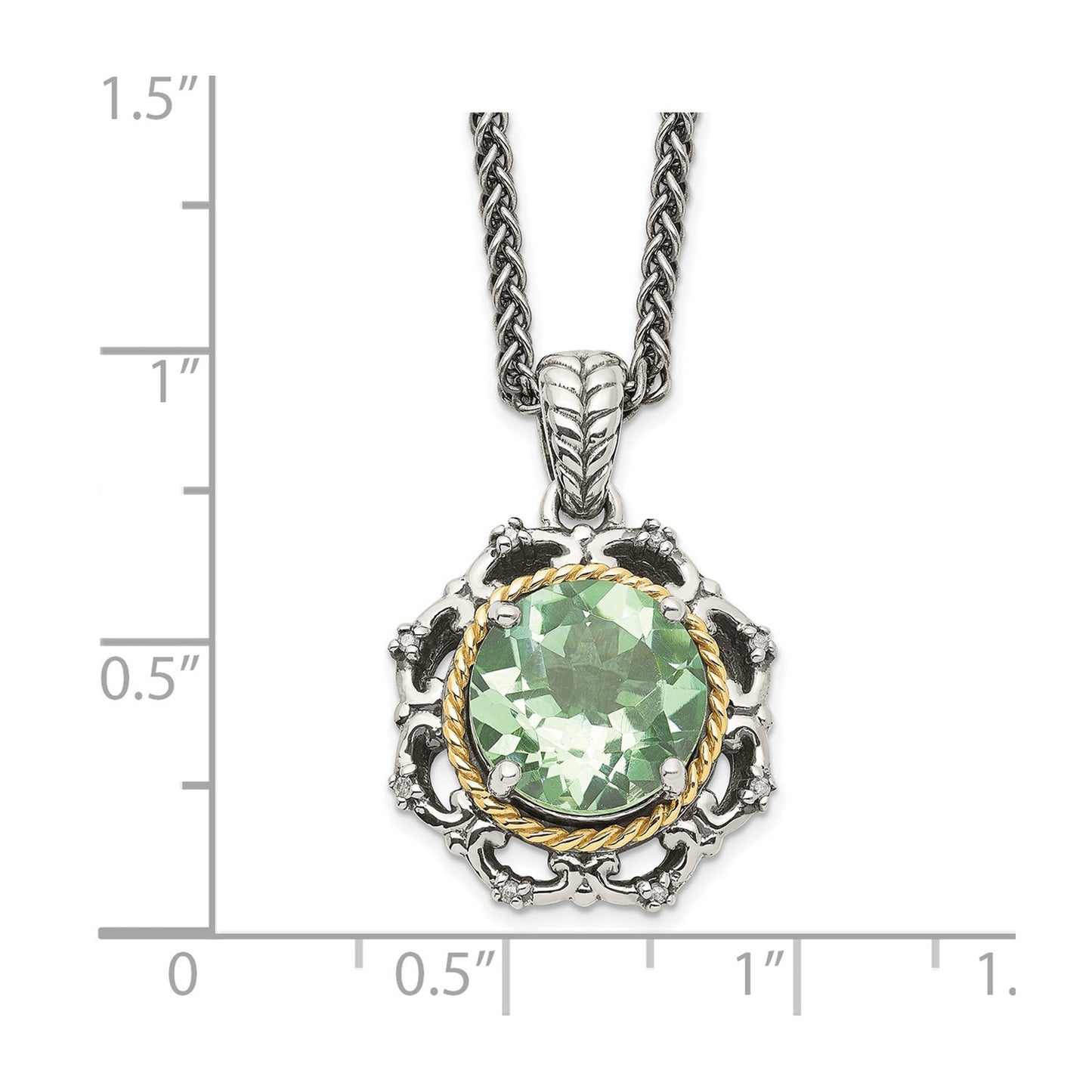 GSS Sterling Silver with 14K Accent 18 Inch Antiqued Round Green Quartz and Diamond Necklace