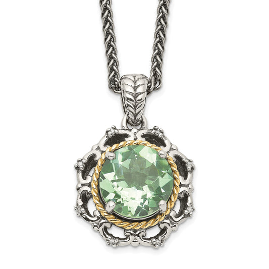 GSS Sterling Silver with 14K Accent 18 Inch Antiqued Round Green Quartz and Diamond Necklace