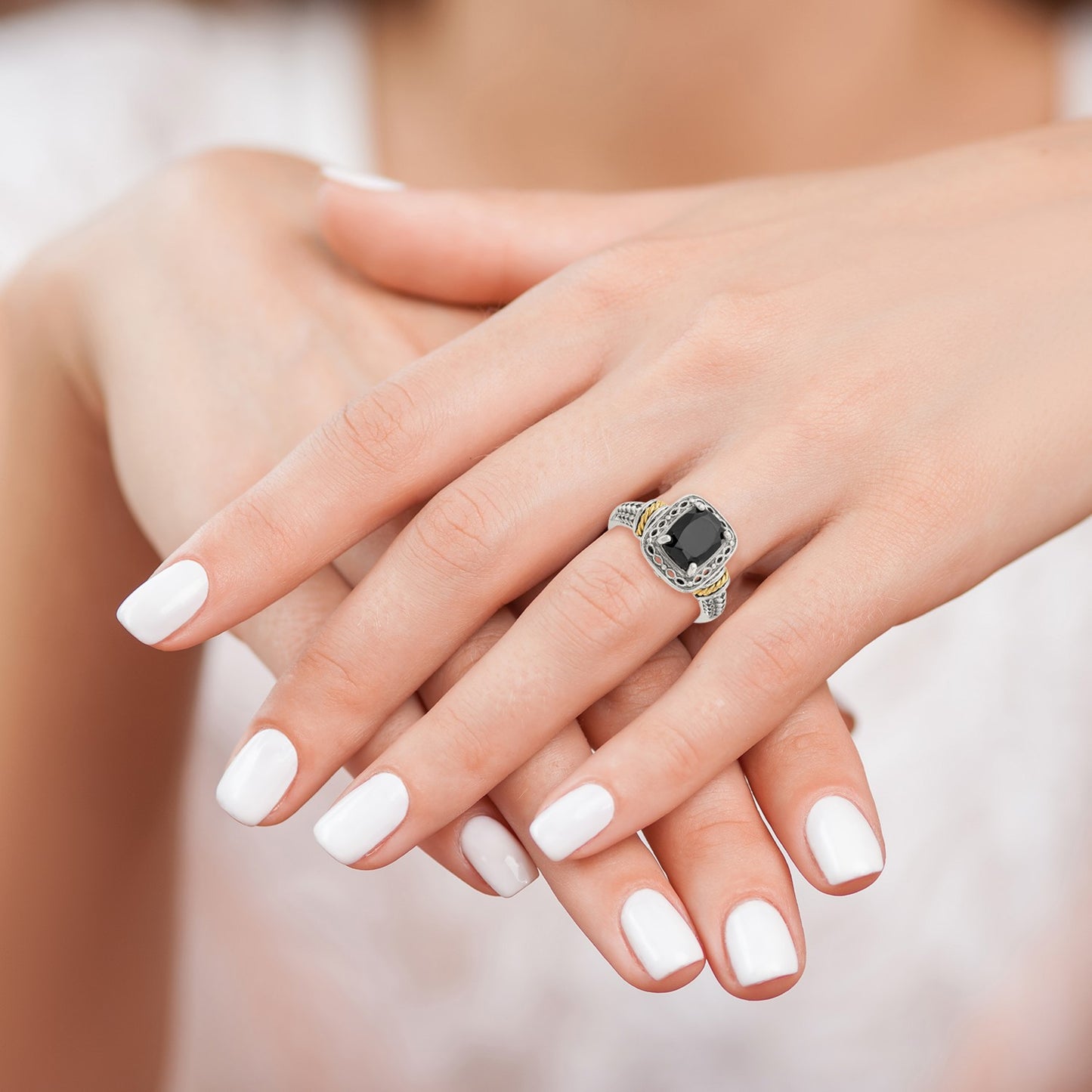 GSS terling Silver with 14K Accent Antiqued Black Onyx Ring
