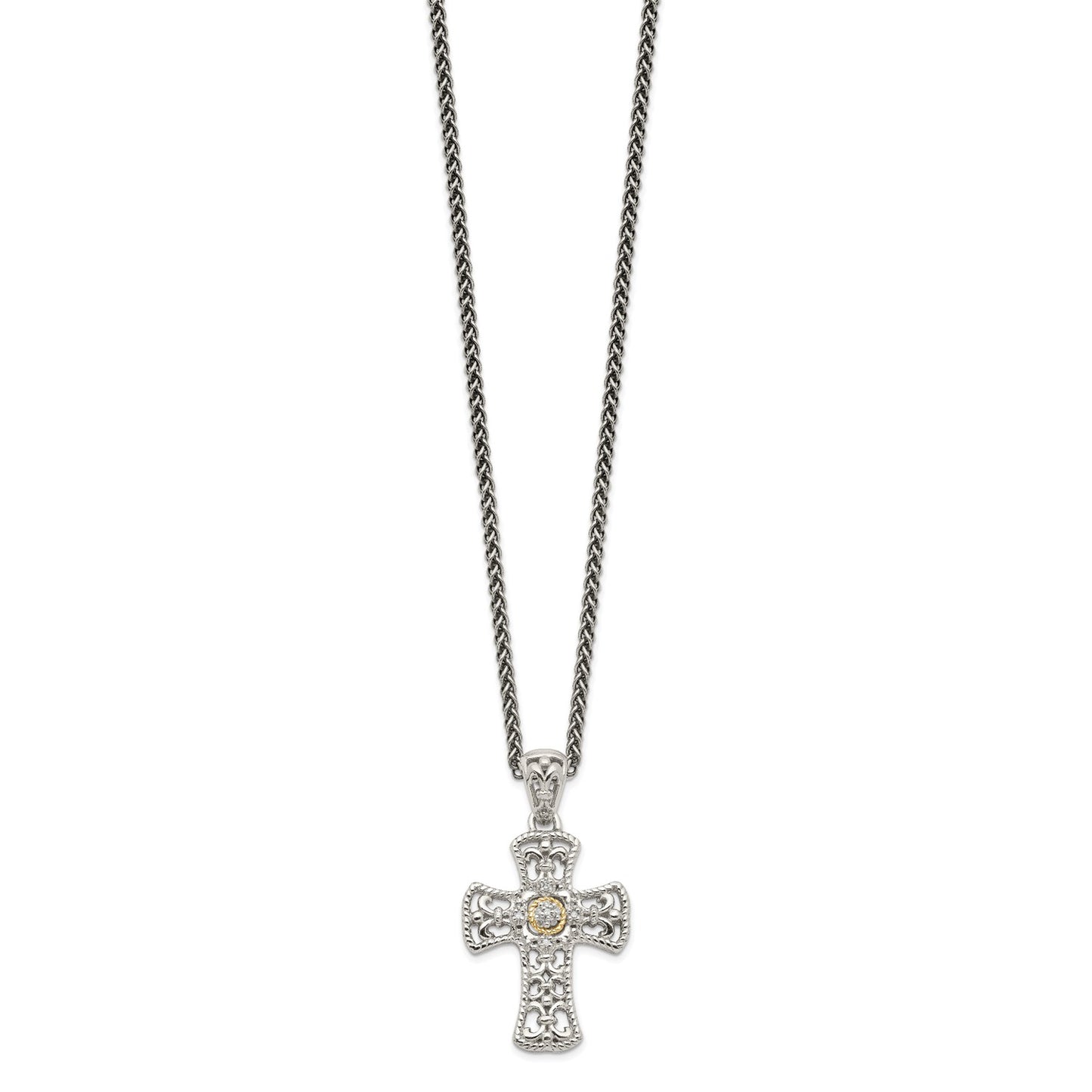 DSS Sterling Silver with 14K Accent 18 Inch Diamond Cross Necklace