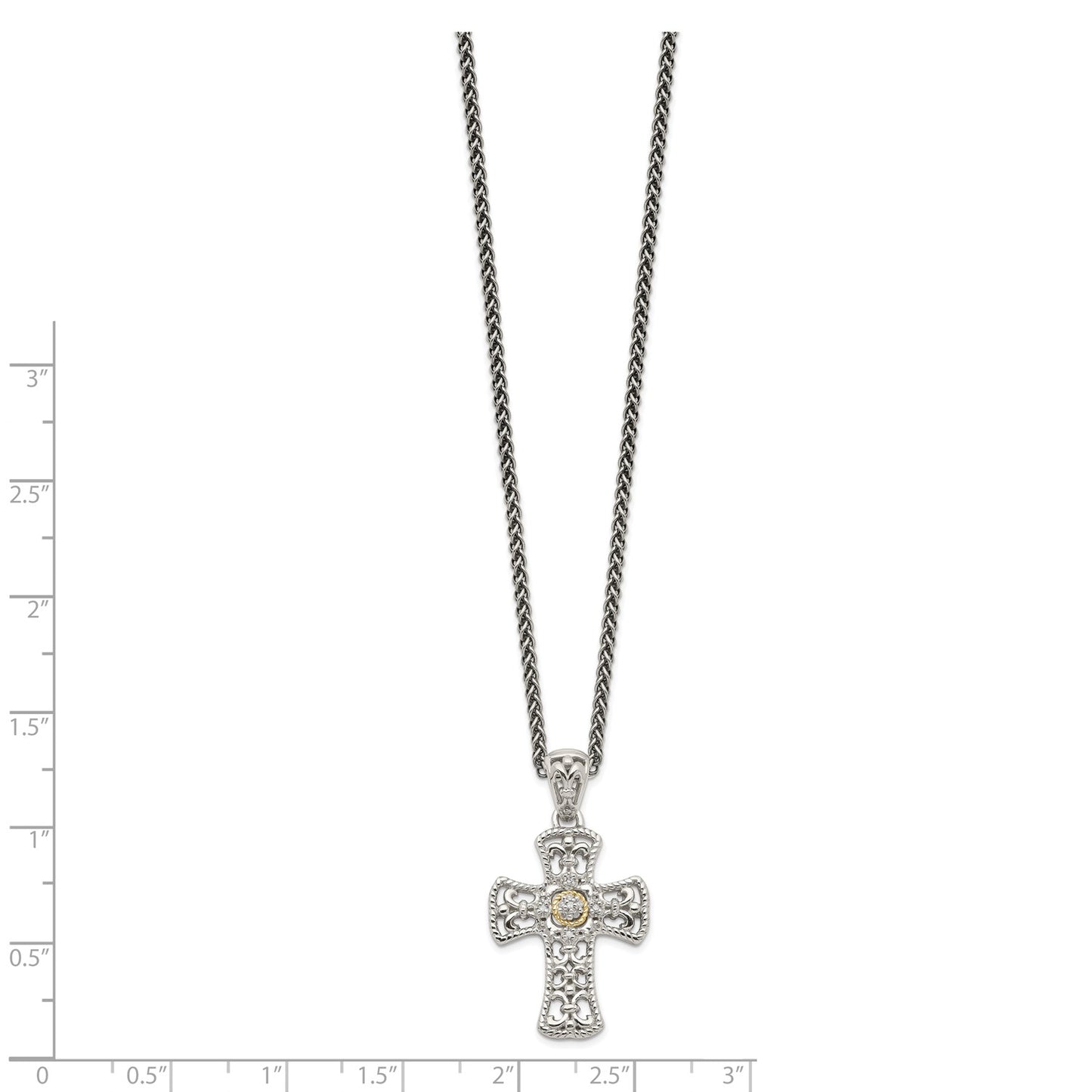 DSS Sterling Silver with 14K Accent 18 Inch Diamond Cross Necklace