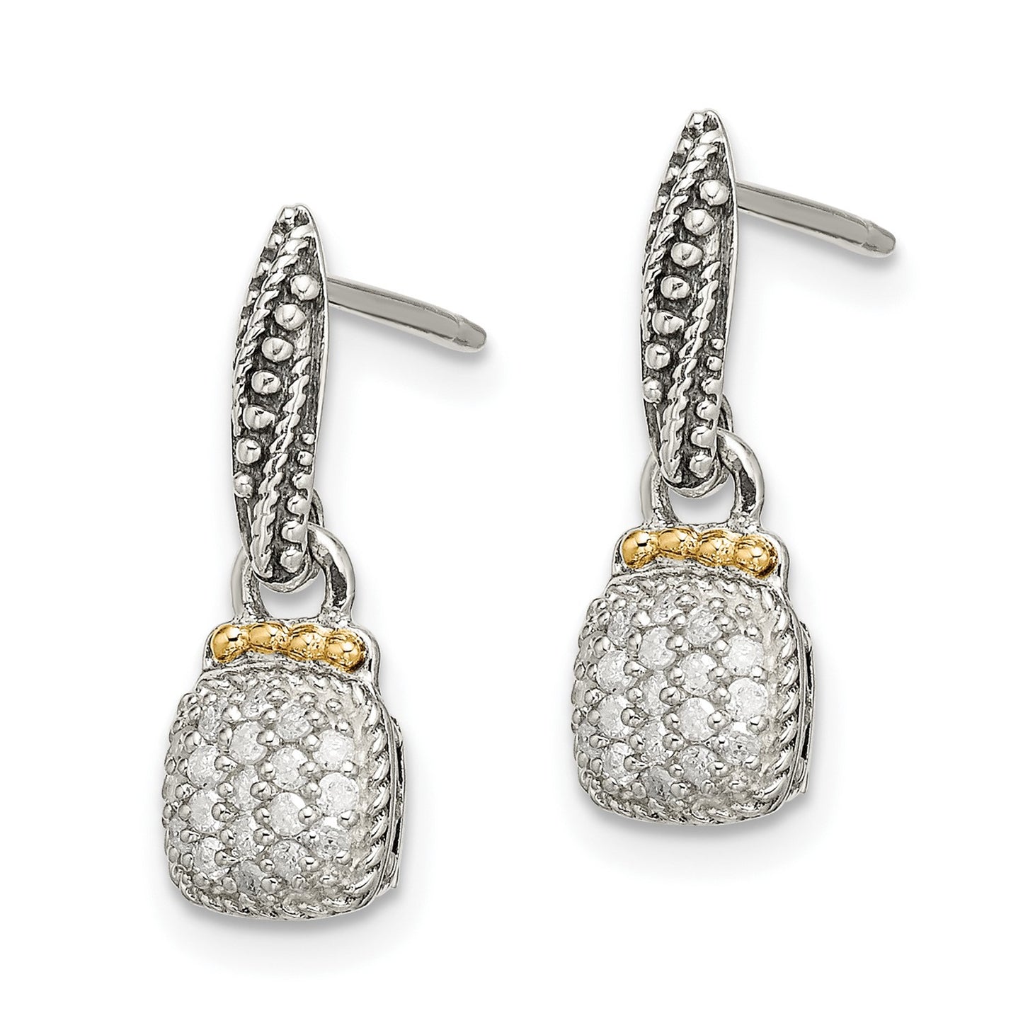 DSS Sterling Silver with 14K Accent Antiqued Diamond Dangle Post Earrings