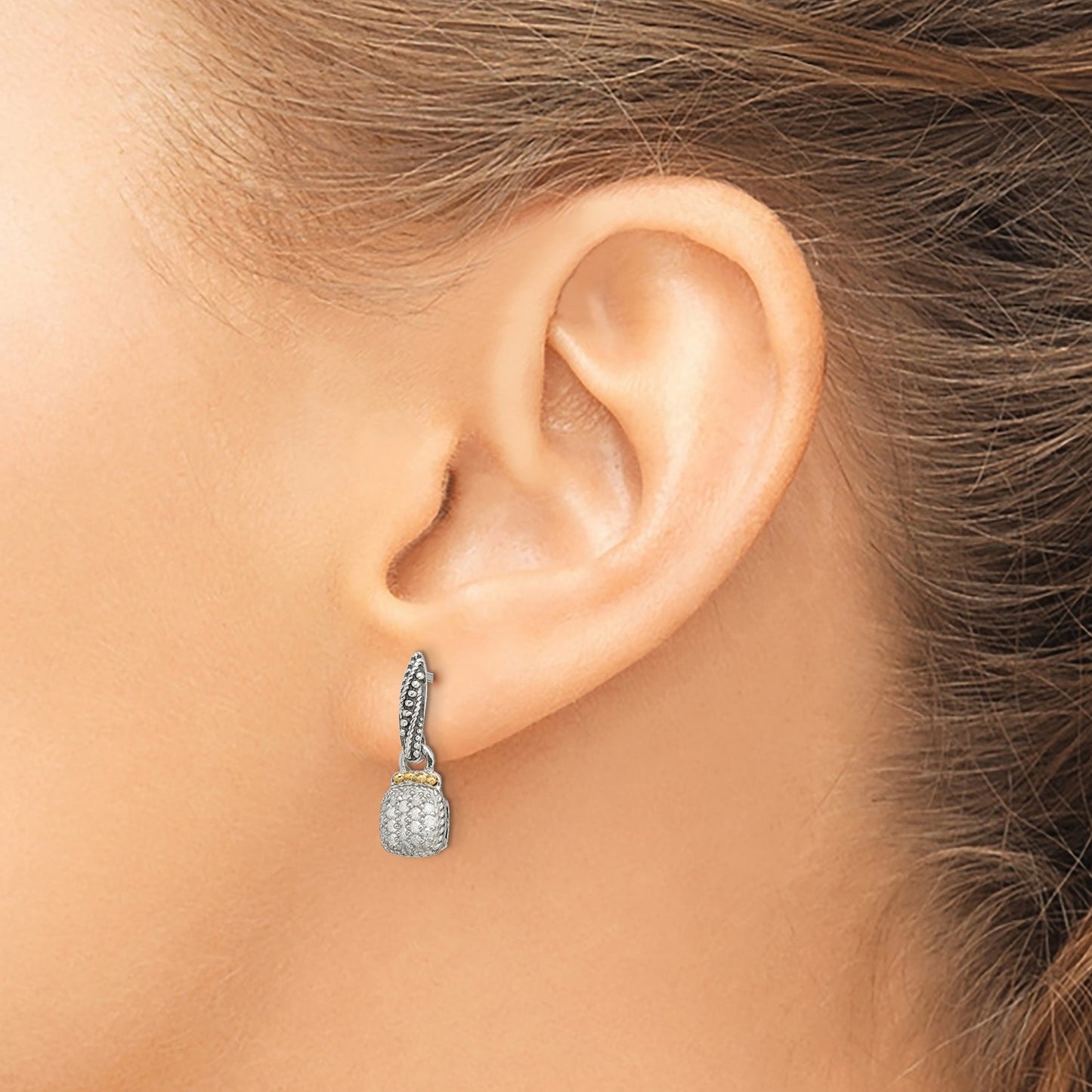 DSS Sterling Silver with 14K Accent Antiqued Diamond Dangle Post Earrings