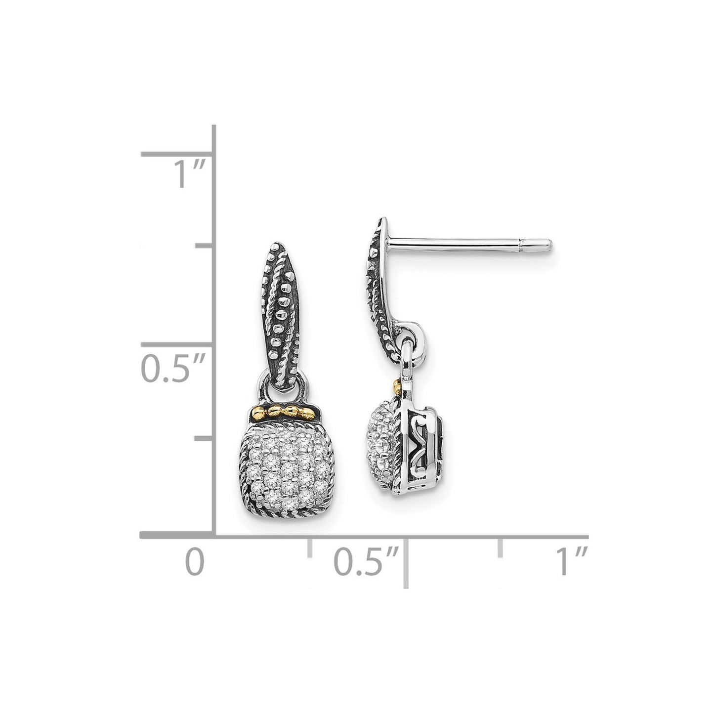DSS Sterling Silver with 14K Accent Antiqued Diamond Dangle Post Earrings