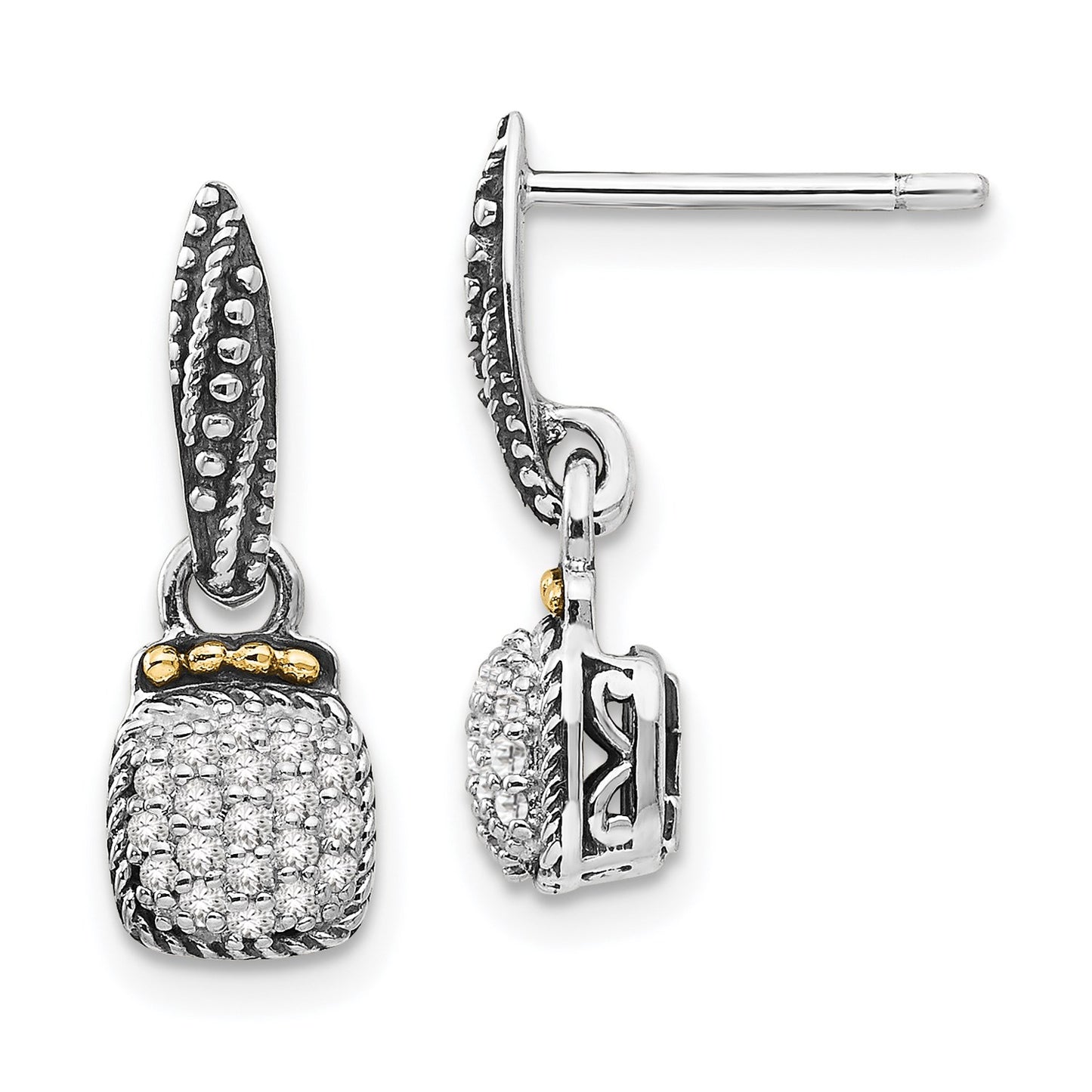 DSS Sterling Silver with 14K Accent Antiqued Diamond Dangle Post Earrings