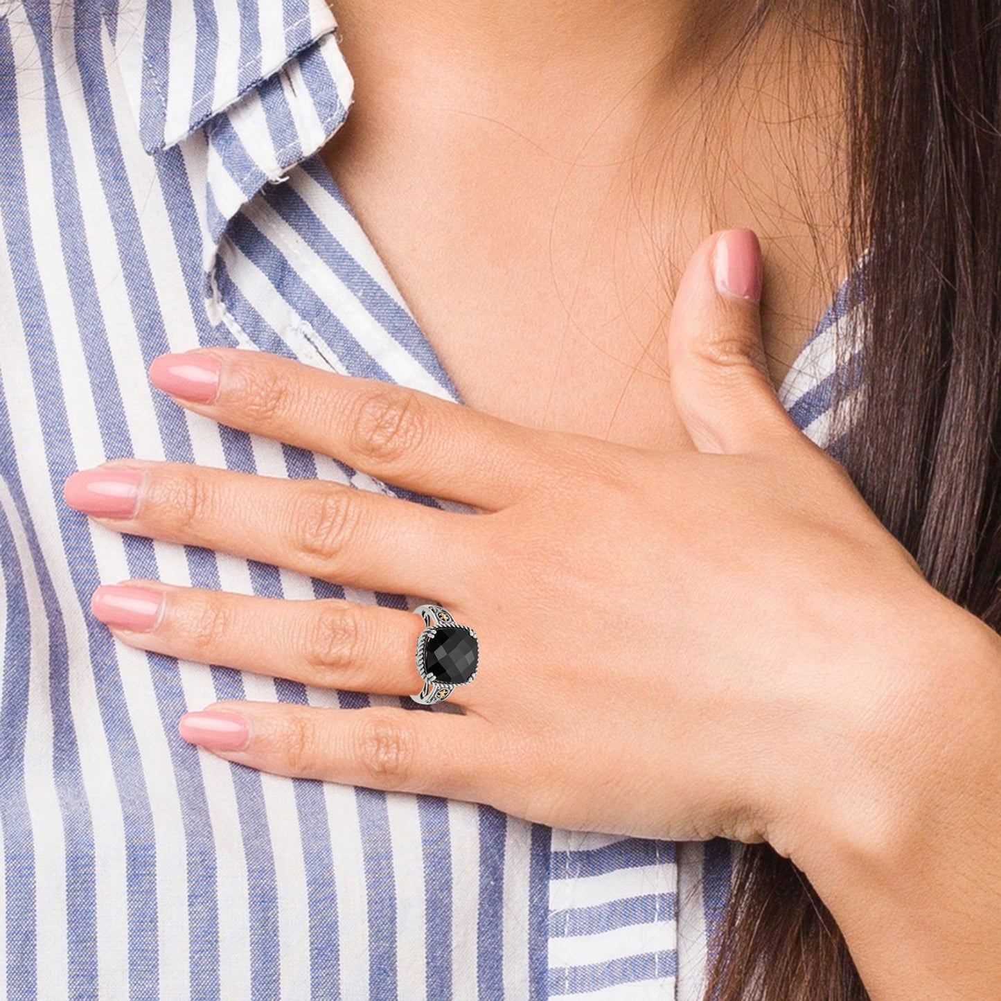 GSS Sterling Silver with 14K Accent Antiqued Checkerboard-cut Black Onyx Ring