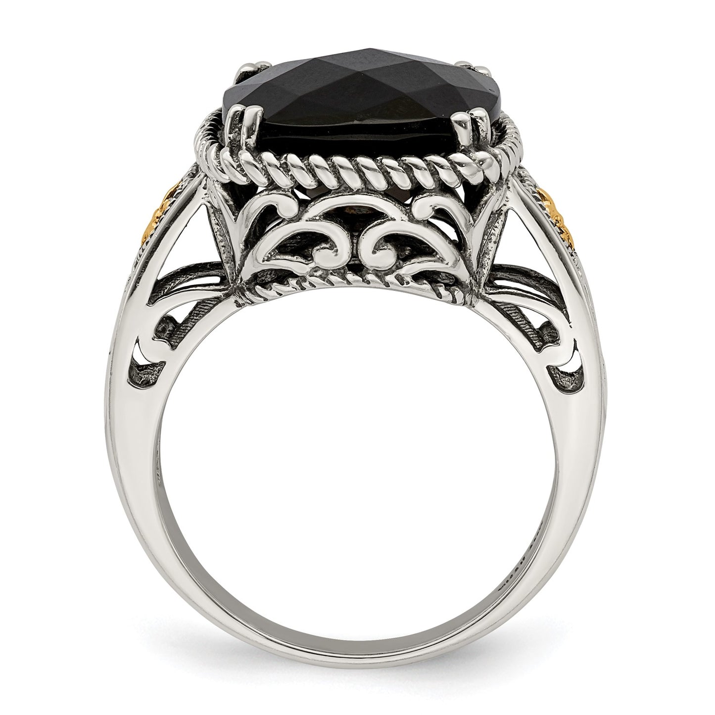 GSS Sterling Silver with 14K Accent Antiqued Checkerboard-cut Black Onyx Ring
