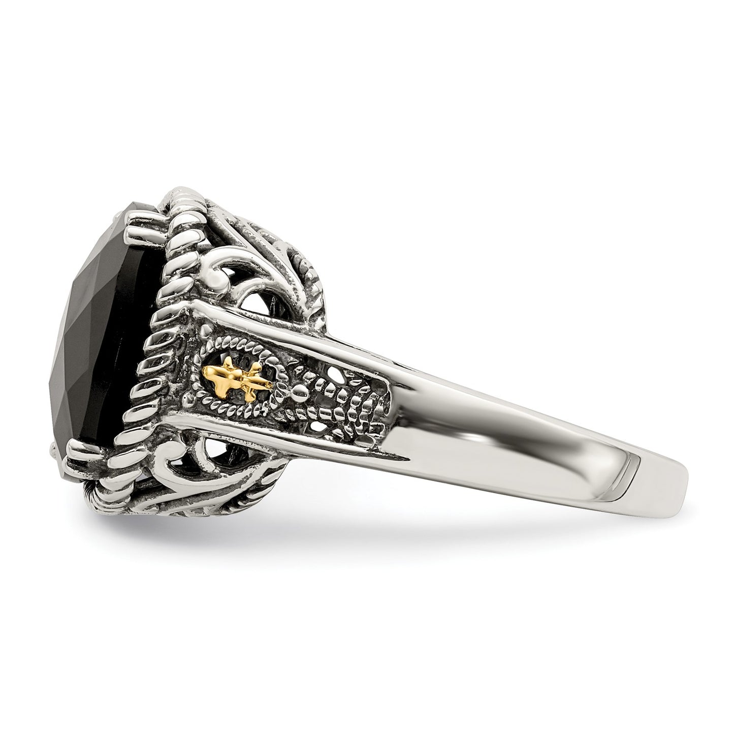 GSS Sterling Silver with 14K Accent Antiqued Checkerboard-cut Black Onyx Ring