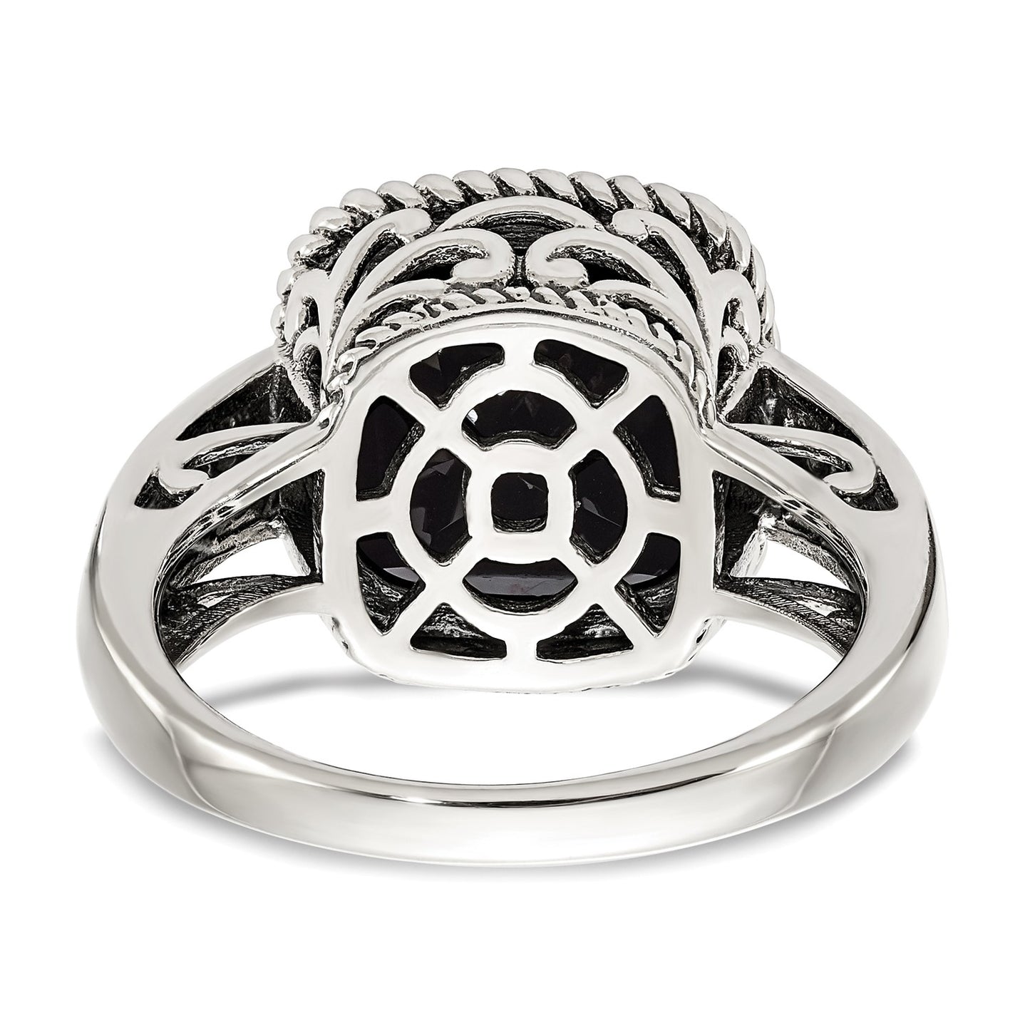 GSS Sterling Silver with 14K Accent Antiqued Checkerboard-cut Black Onyx Ring