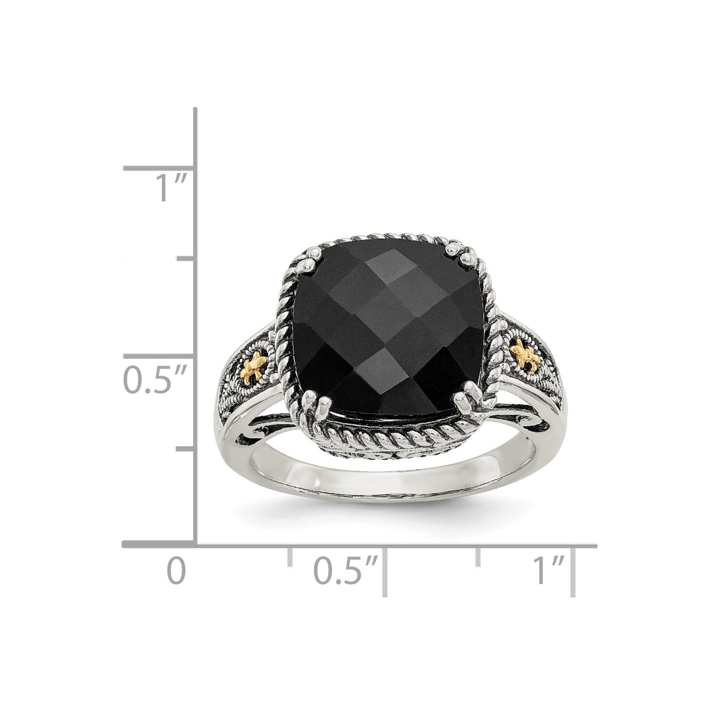 GSS Sterling Silver with 14K Accent Antiqued Checkerboard-cut Black Onyx Ring