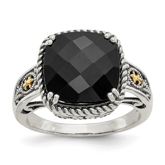 GSS Sterling Silver with 14K Accent Antiqued Checkerboard-cut Black Onyx Ring