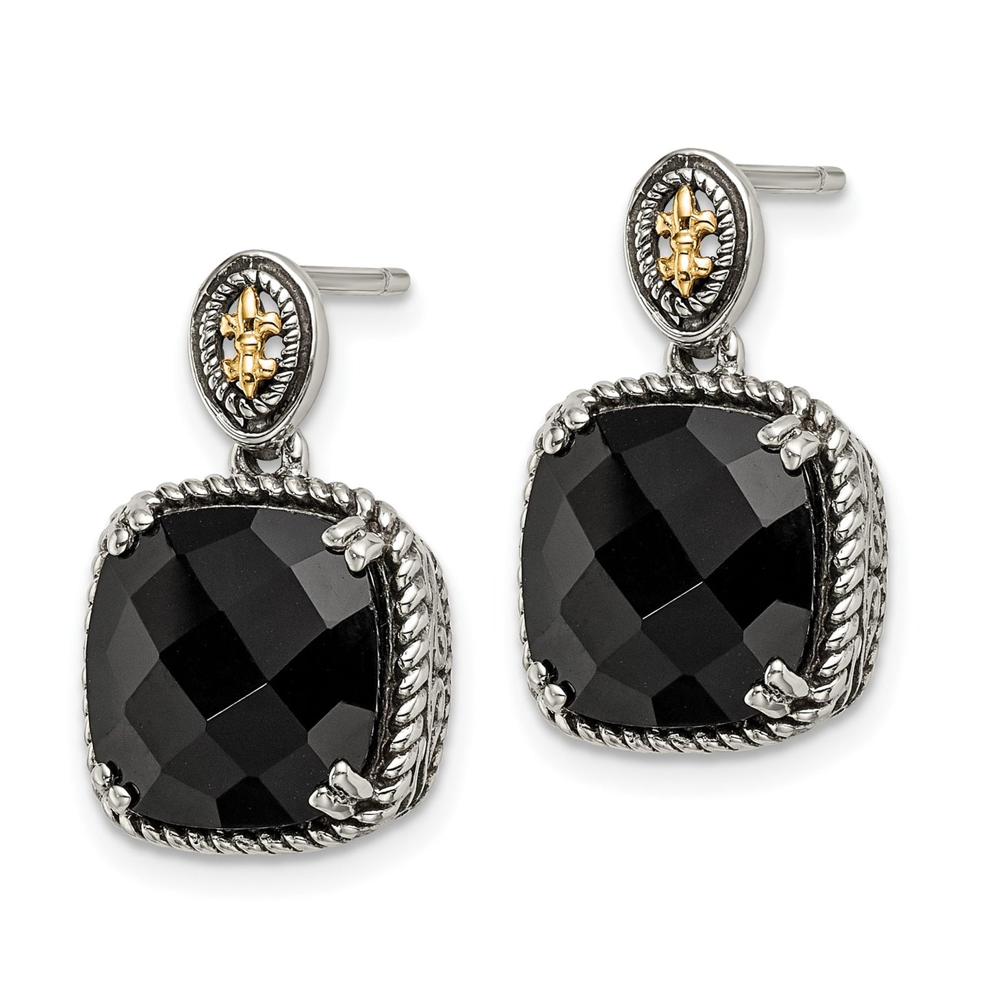 GSS Sterling Silver with 14K Accent Antiqued Checkerboard-cut Black Onyx Dangle Post Earrings