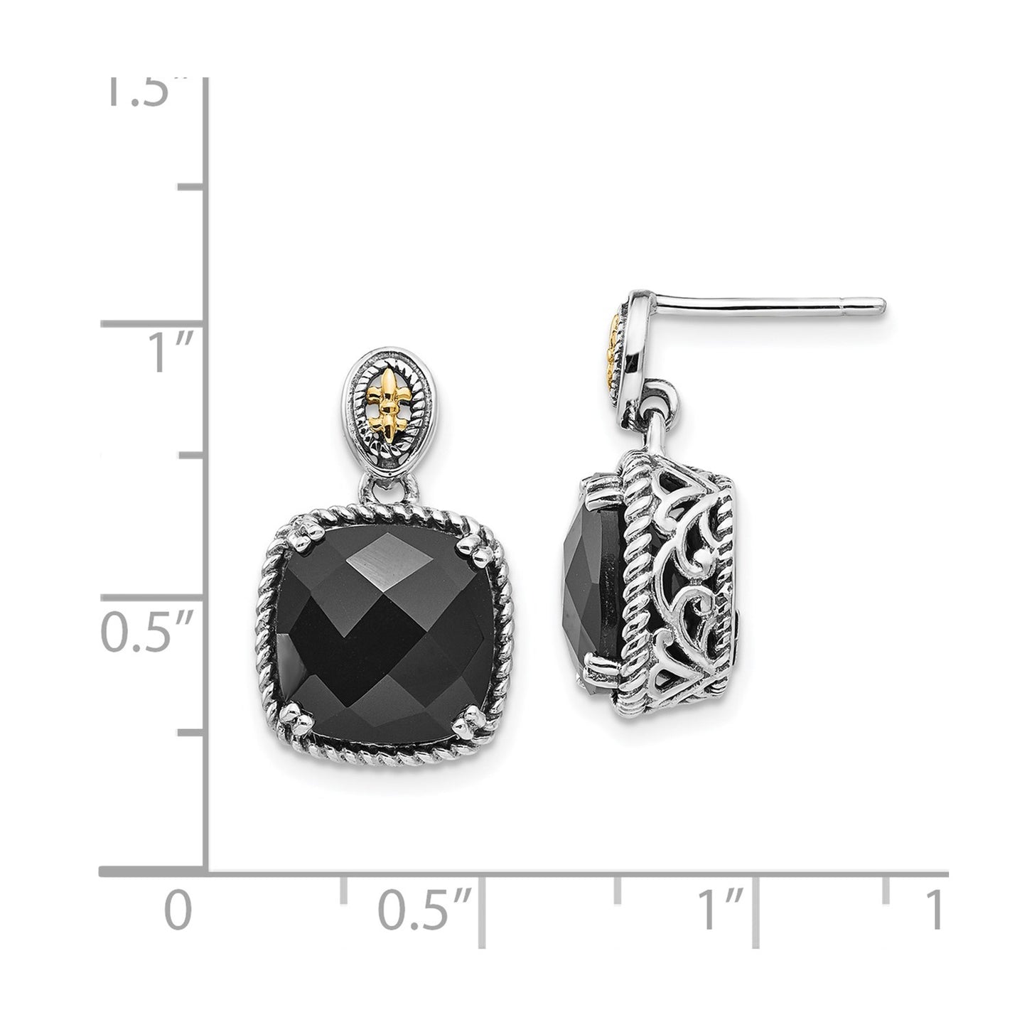 GSS Sterling Silver with 14K Accent Antiqued Checkerboard-cut Black Onyx Dangle Post Earrings