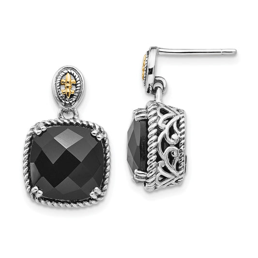 GSS Sterling Silver with 14K Accent Antiqued Checkerboard-cut Black Onyx Dangle Post Earrings