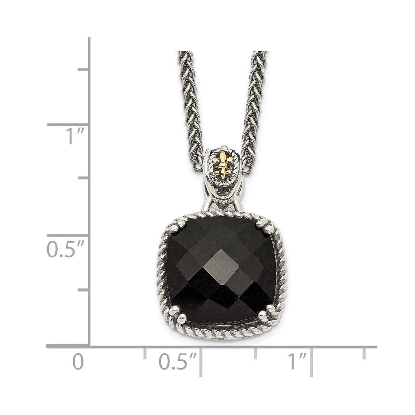 GSS Sterling Silver with 14K Accent 18 Inch Antiqued Checkerboard-cut Black Onyx Necklace