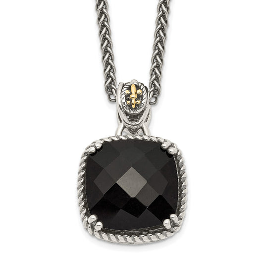 GSS Sterling Silver with 14K Accent 18 Inch Antiqued Checkerboard-cut Black Onyx Necklace