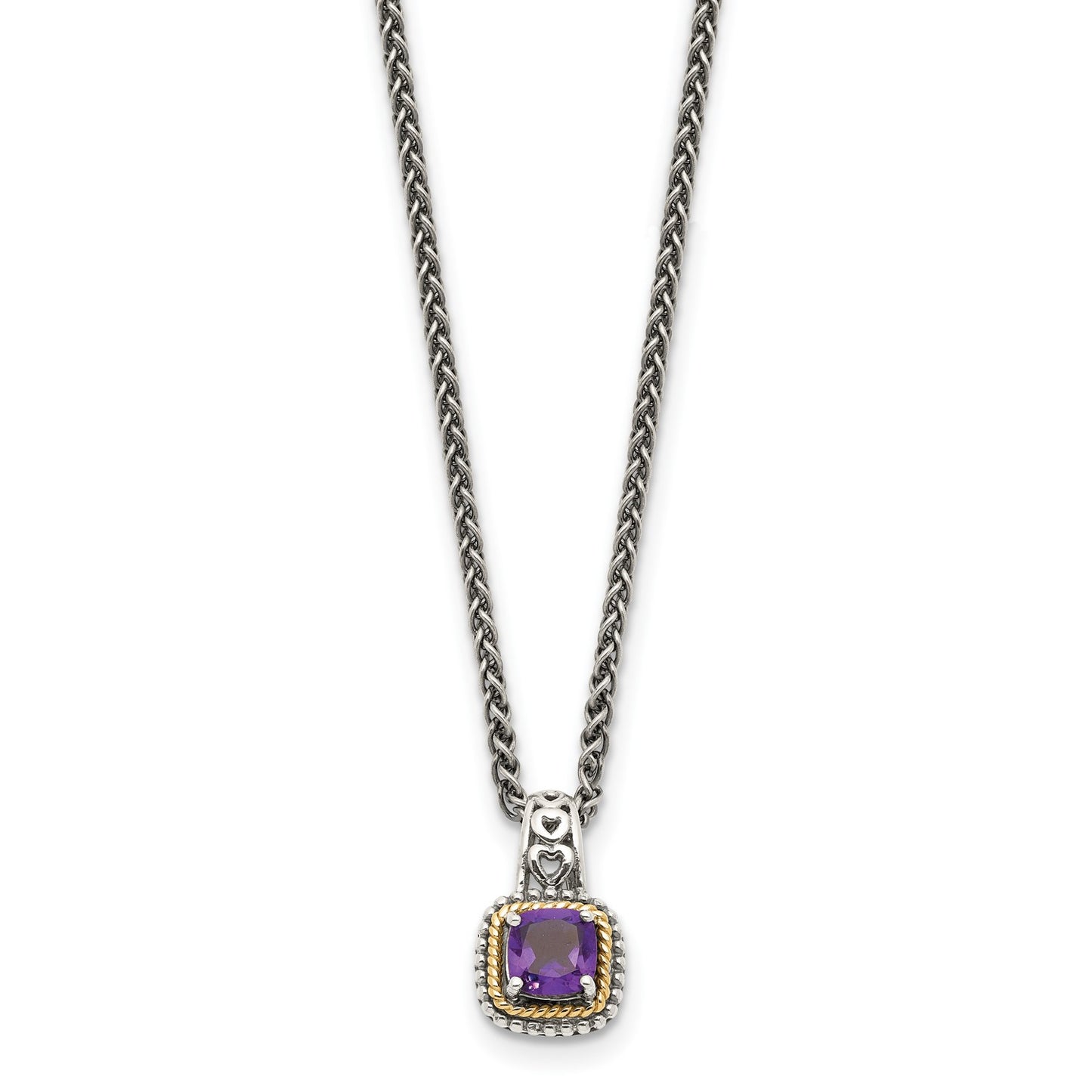 GSS Sterling Silver with 14K Accent 18 Inch Antiqued Cushion Amethyst Necklace