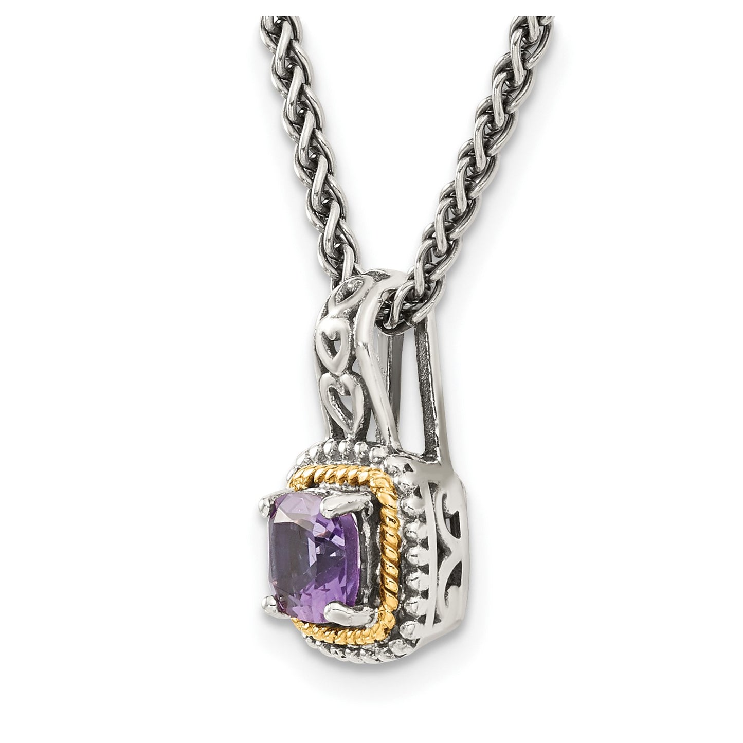 GSS Sterling Silver with 14K Accent 18 Inch Antiqued Cushion Amethyst Necklace