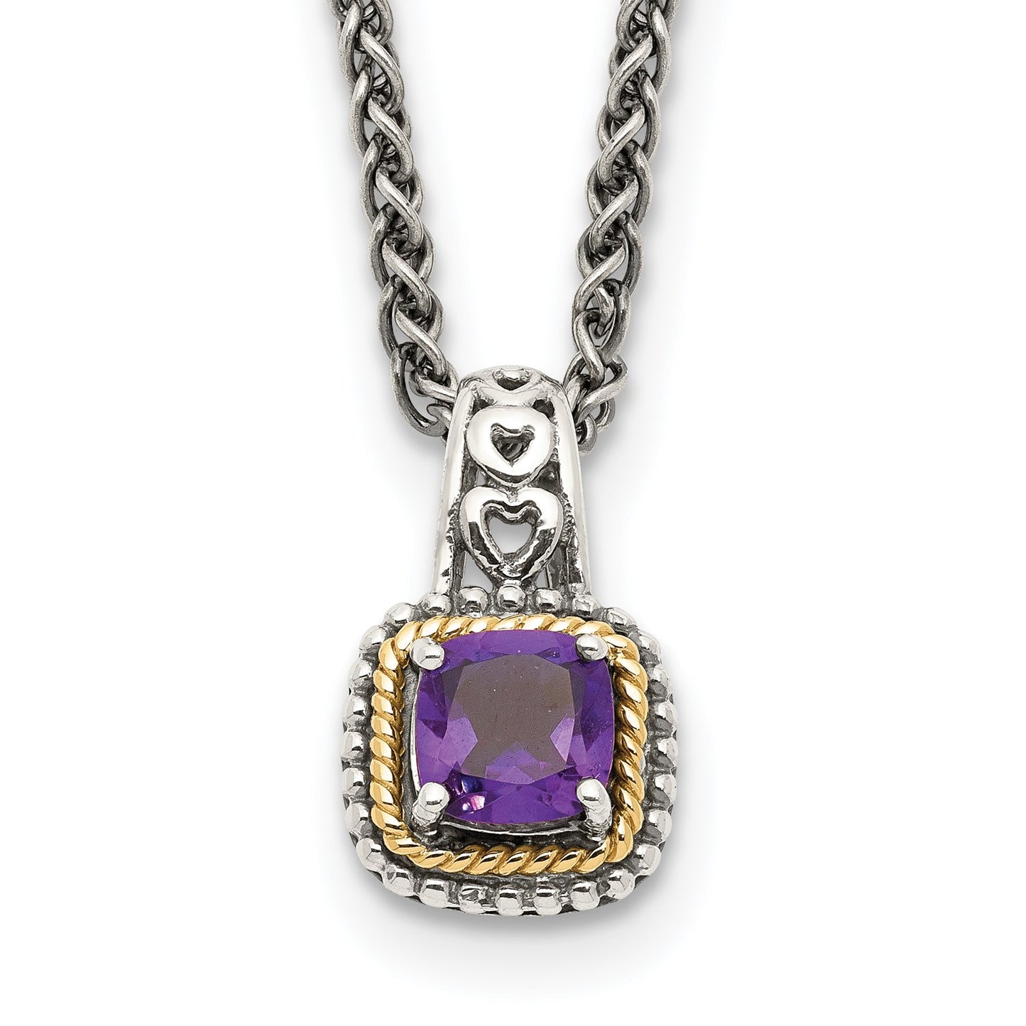 GSS Sterling Silver with 14K Accent 18 Inch Antiqued Cushion Amethyst Necklace