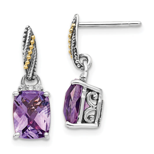 GSS Sterling Silver with 14K Accent Antiqued Diamond and Cushion Amethyst Dangle Post Earrings