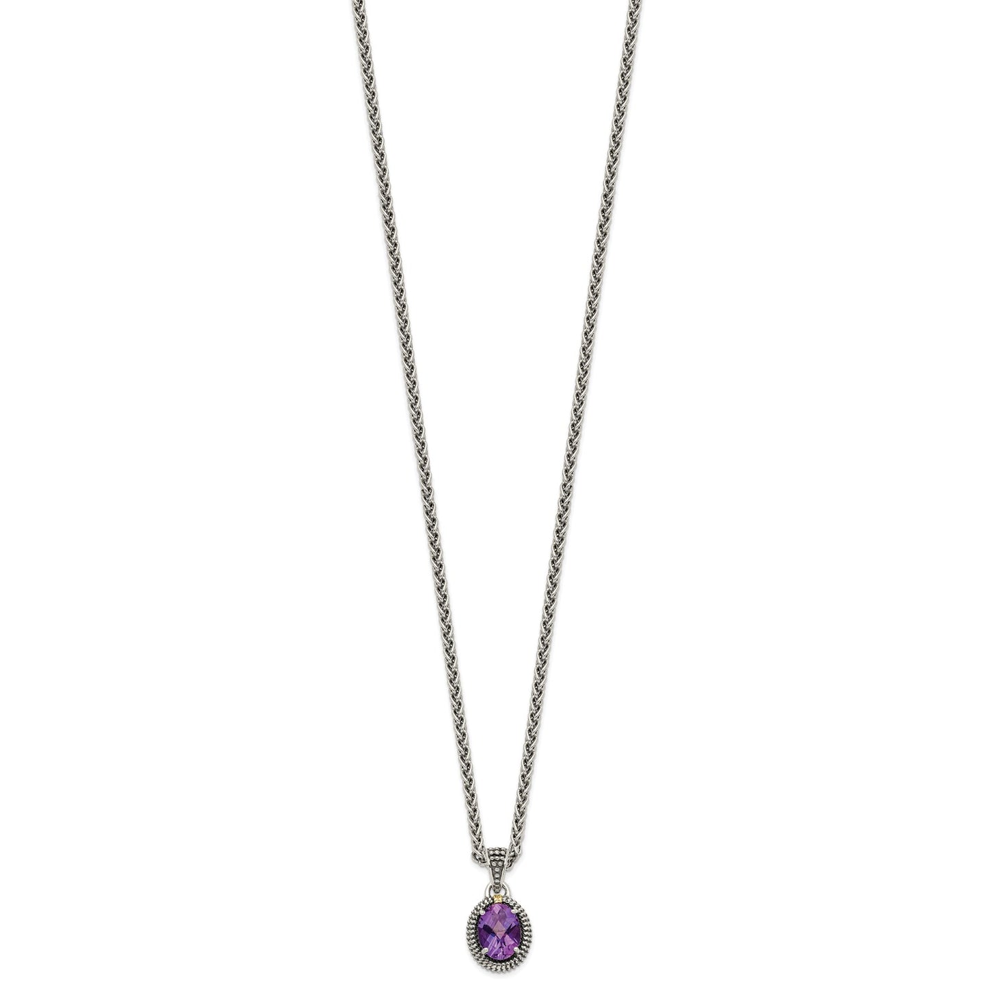 GSS Sterling Silver with 14K Accent 18 Inch Antiqued Amethyst Oval Necklace