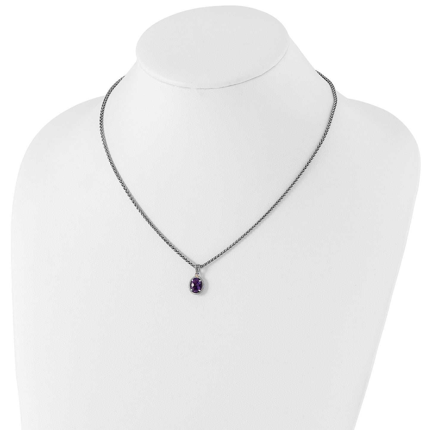 GSS Sterling Silver with 14K Accent 18 Inch Antiqued Amethyst Oval Necklace