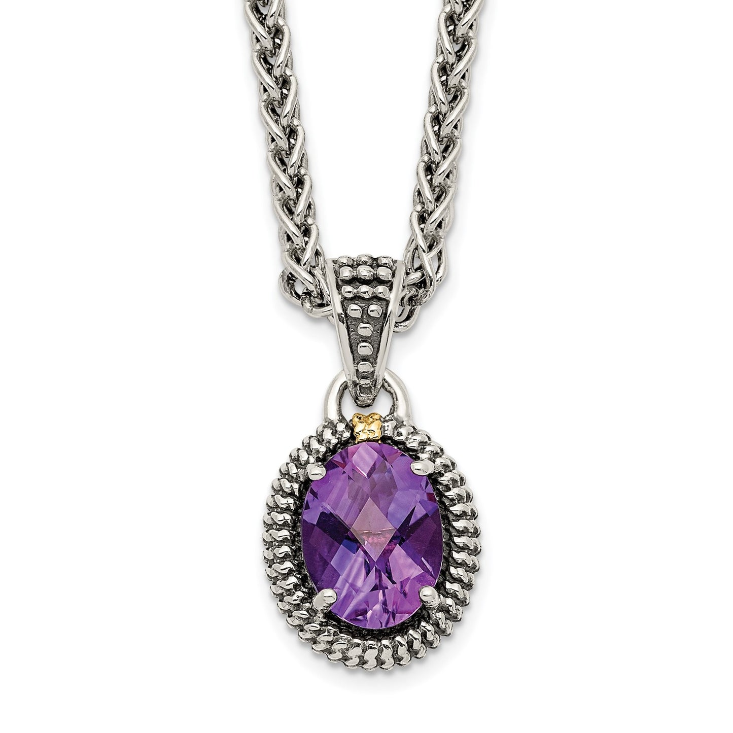 GSS Sterling Silver with 14K Accent 18 Inch Antiqued Amethyst Oval Necklace