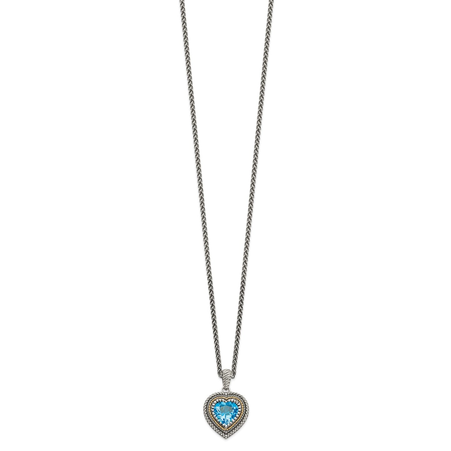 GSS Sterling Silver with 14K Accent 18 Inch Antiqued Light Swiss Blue Topaz Heart Necklace