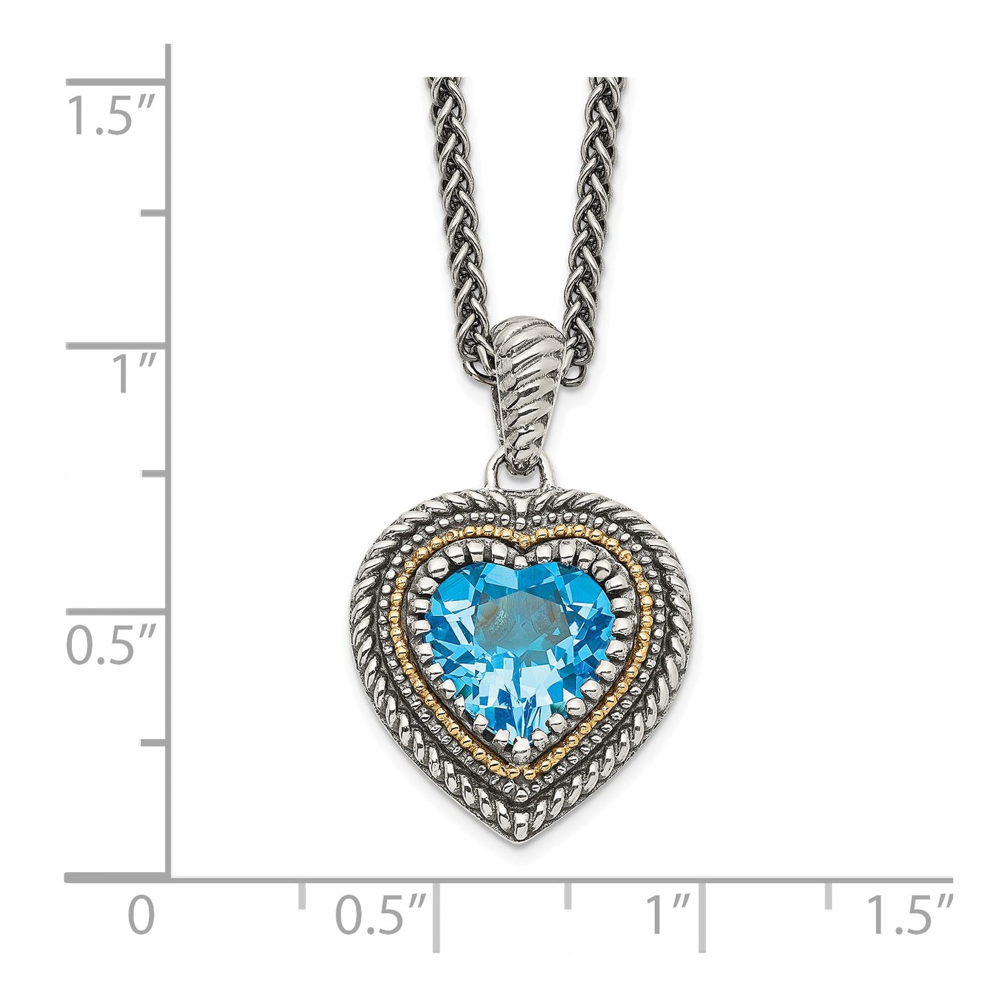 GSS Sterling Silver with 14K Accent 18 Inch Antiqued Light Swiss Blue Topaz Heart Necklace