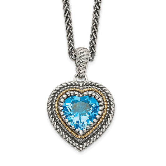 GSS Sterling Silver with 14K Accent 18 Inch Antiqued Light Swiss Blue Topaz Heart Necklace