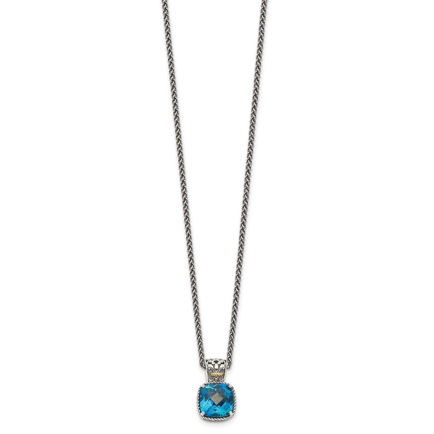 GSS Sterling Silver with 14K Accent 18 Inch Antiqued Cushion London Blue Topaz Necklace