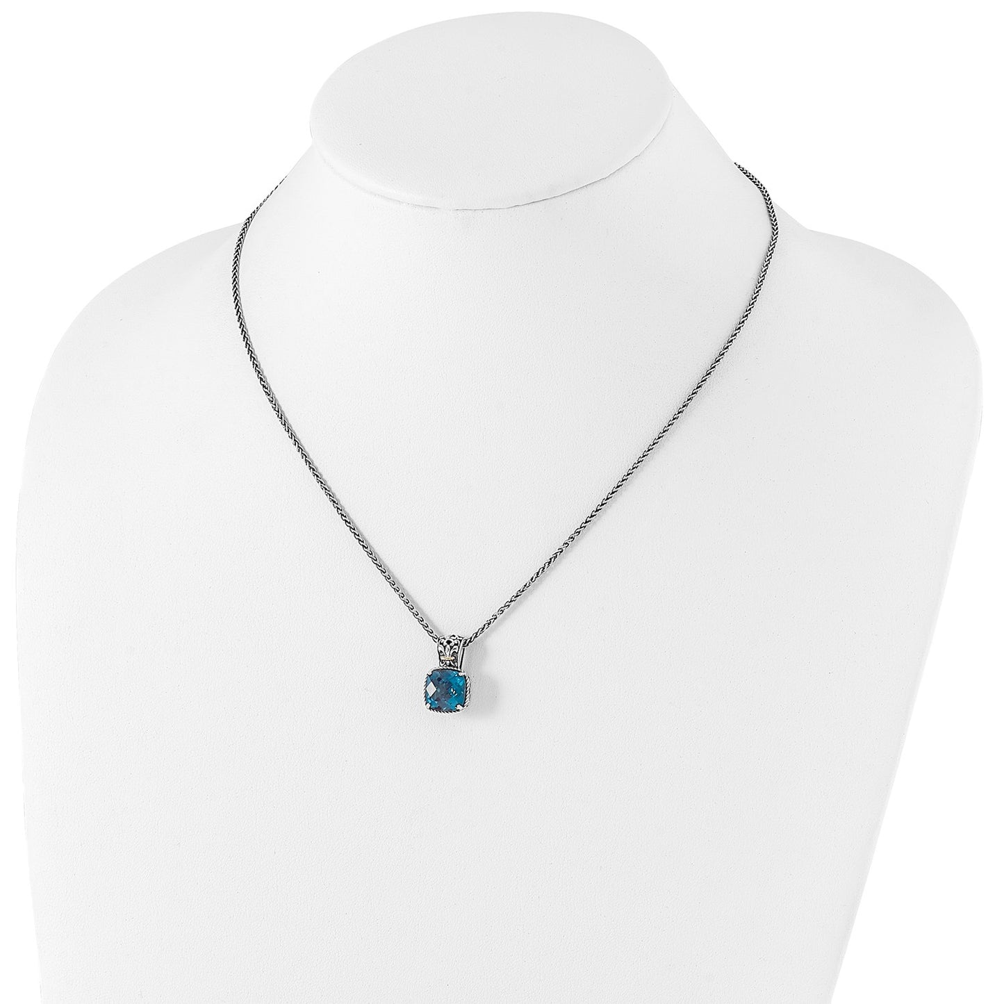 GSS Sterling Silver with 14K Accent 18 Inch Antiqued Cushion London Blue Topaz Necklace