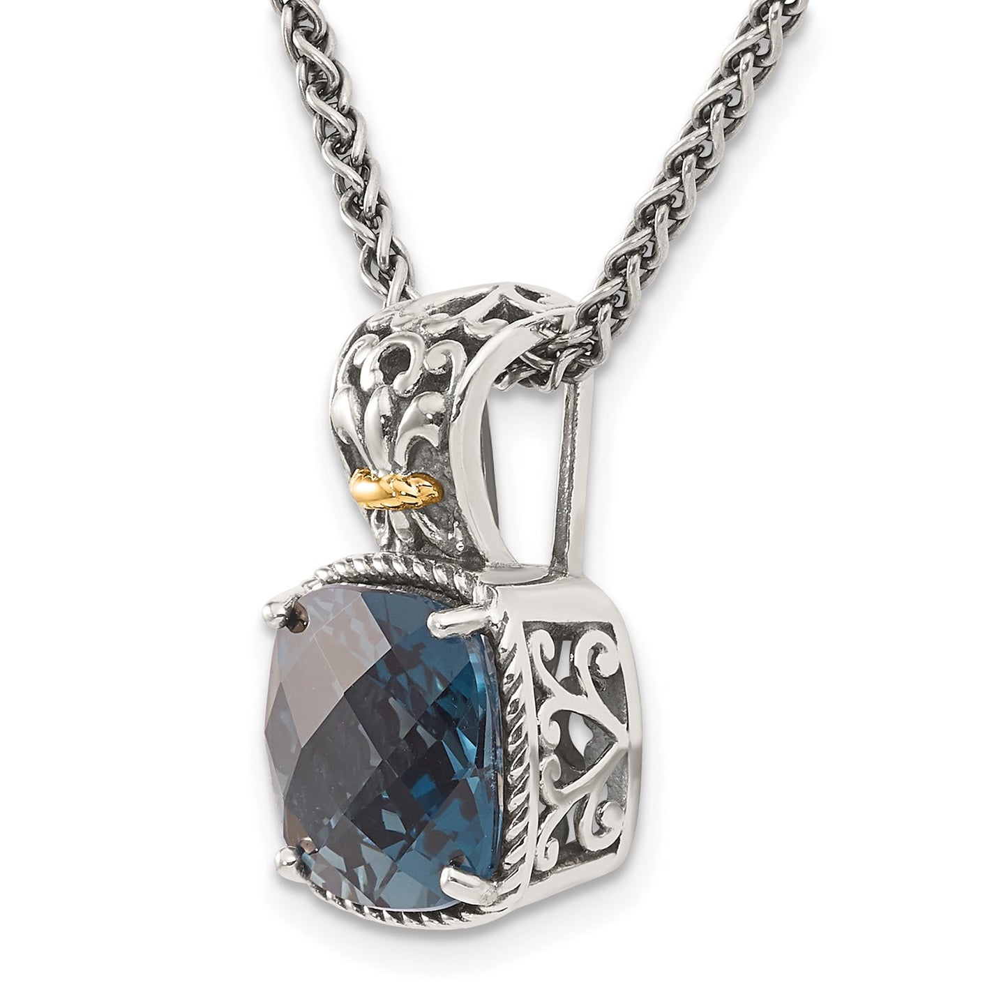 GSS Sterling Silver with 14K Accent 18 Inch Antiqued Cushion London Blue Topaz Necklace