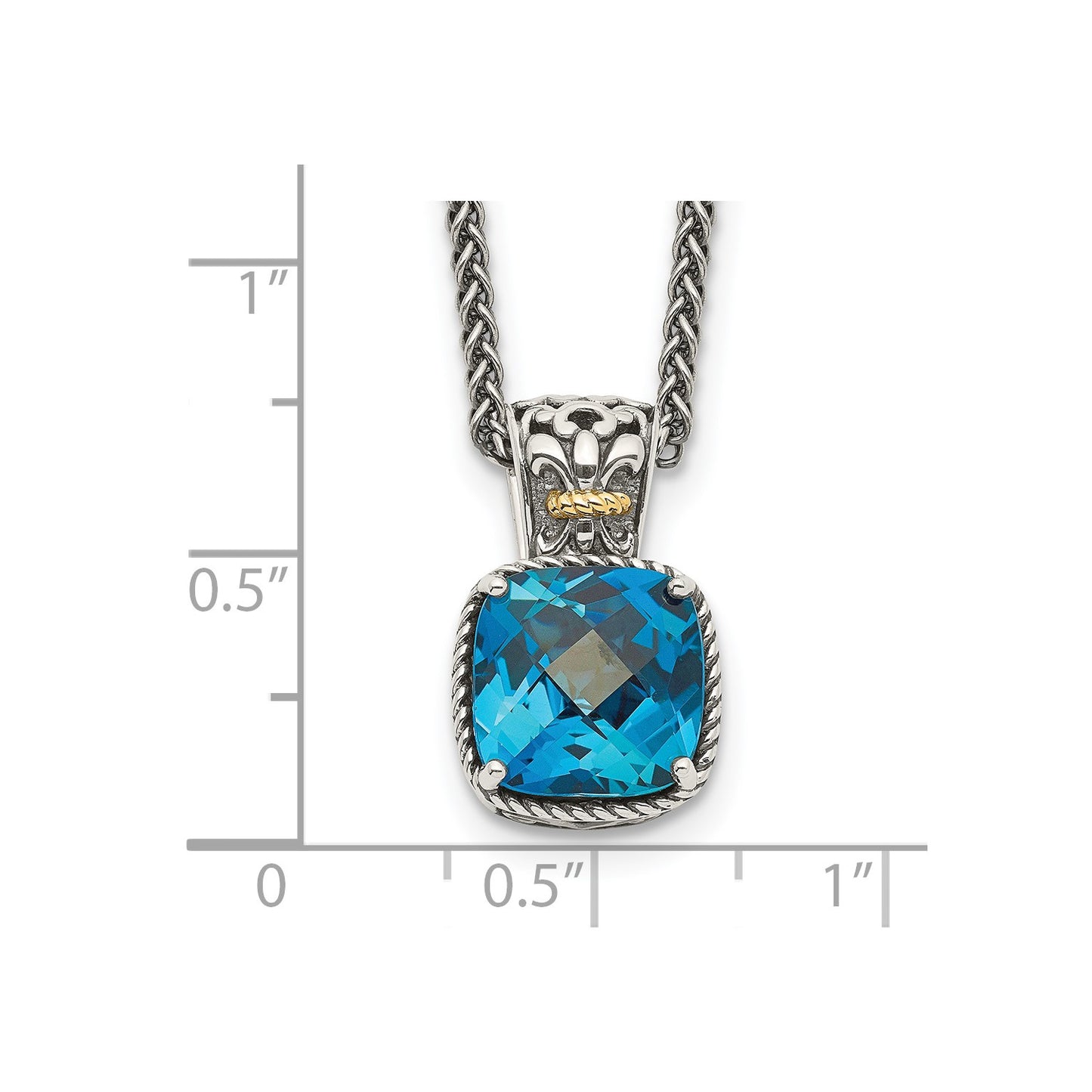 GSS Sterling Silver with 14K Accent 18 Inch Antiqued Cushion London Blue Topaz Necklace