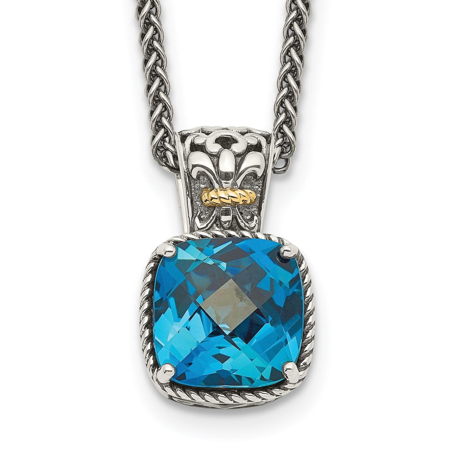 GSS Sterling Silver with 14K Accent 18 Inch Antiqued Cushion London Blue Topaz Necklace