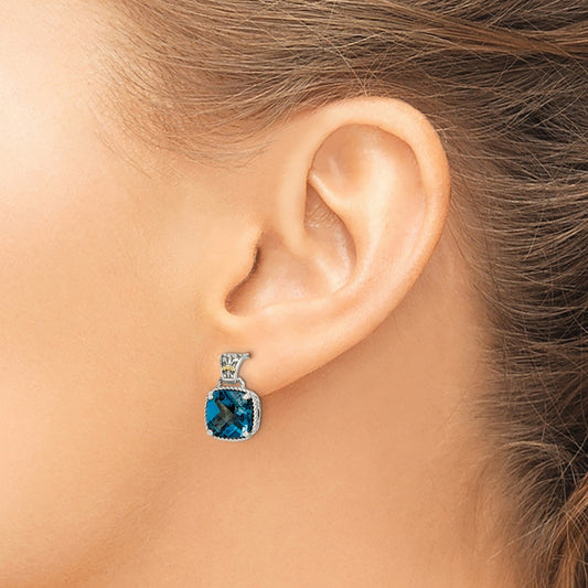 GSS Sterling Silver with 14K Accent Antiqued Cushion London Blue Topaz Post Dangle Earrings