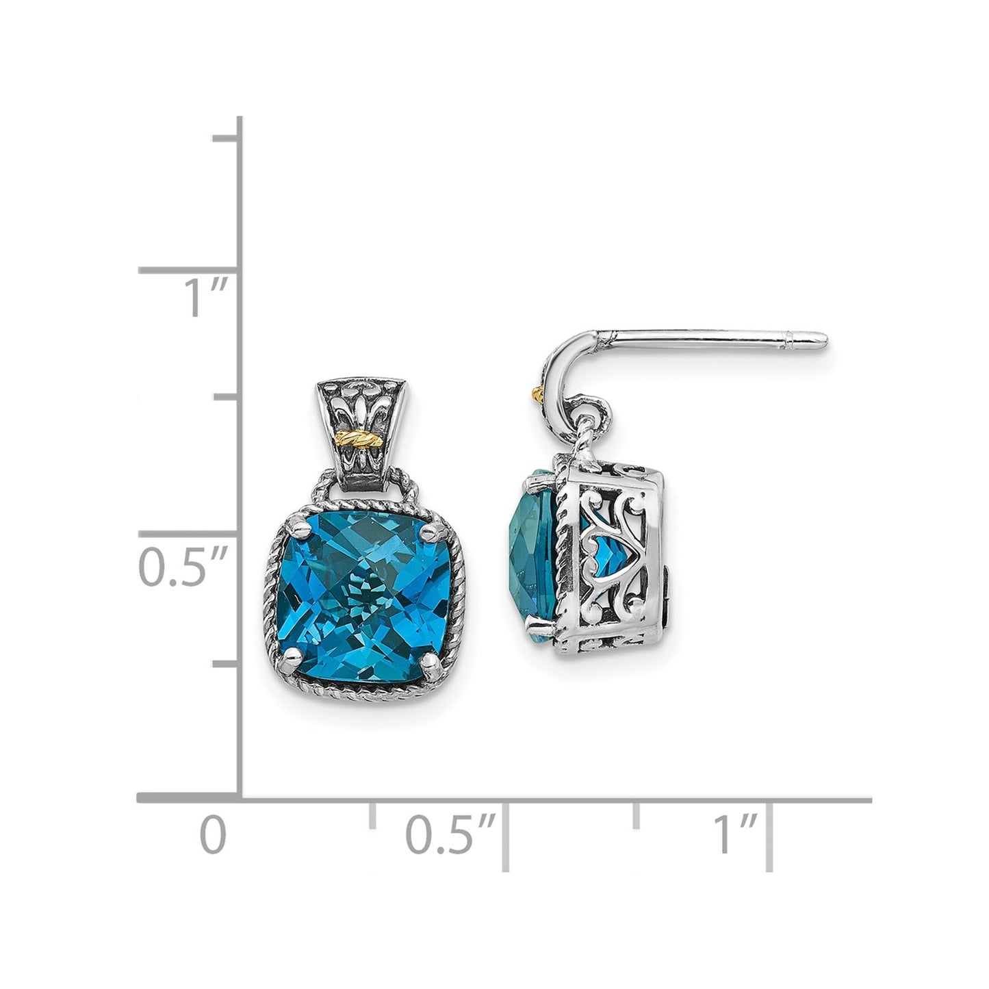 GSS Sterling Silver with 14K Accent Antiqued Cushion London Blue Topaz Post Dangle Earrings