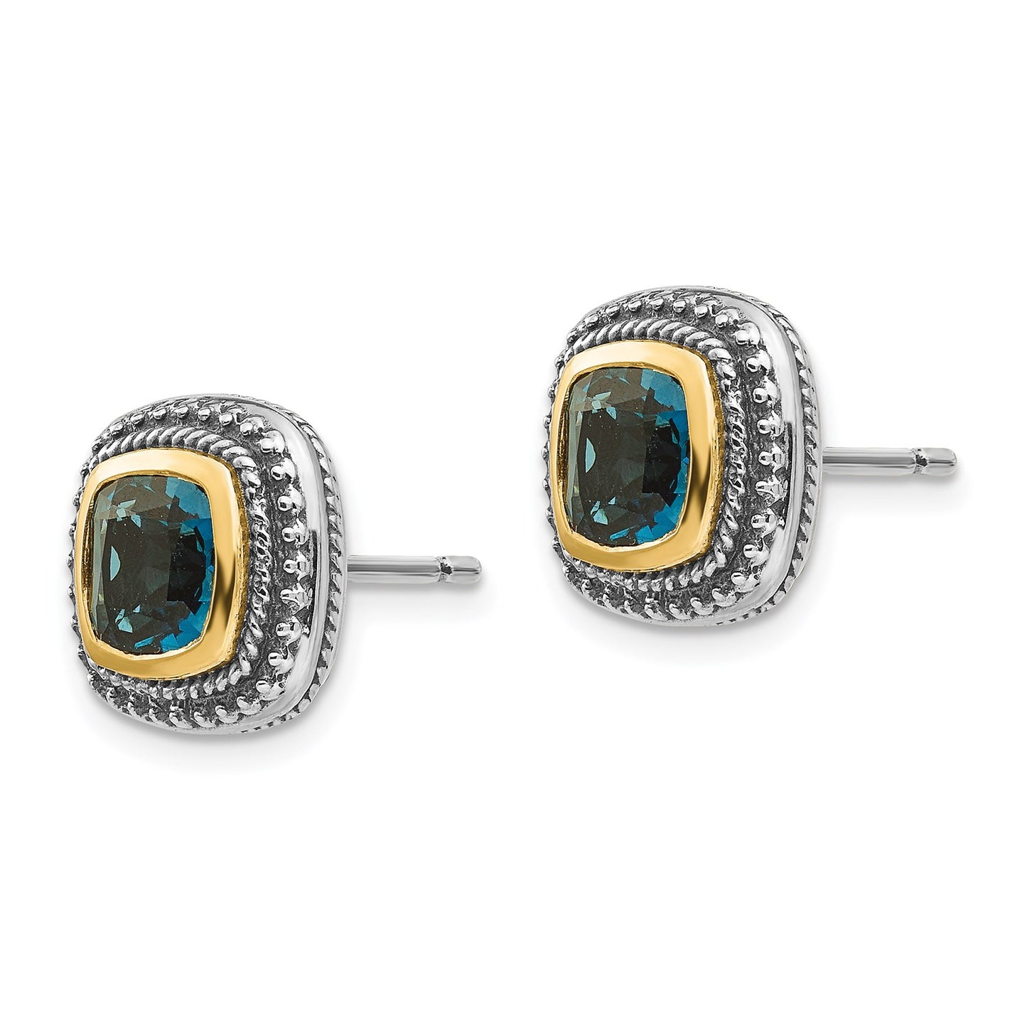 GSS Sterling Silver with 14K Accent Antiqued Cushion London Blue Topaz Post Earrings