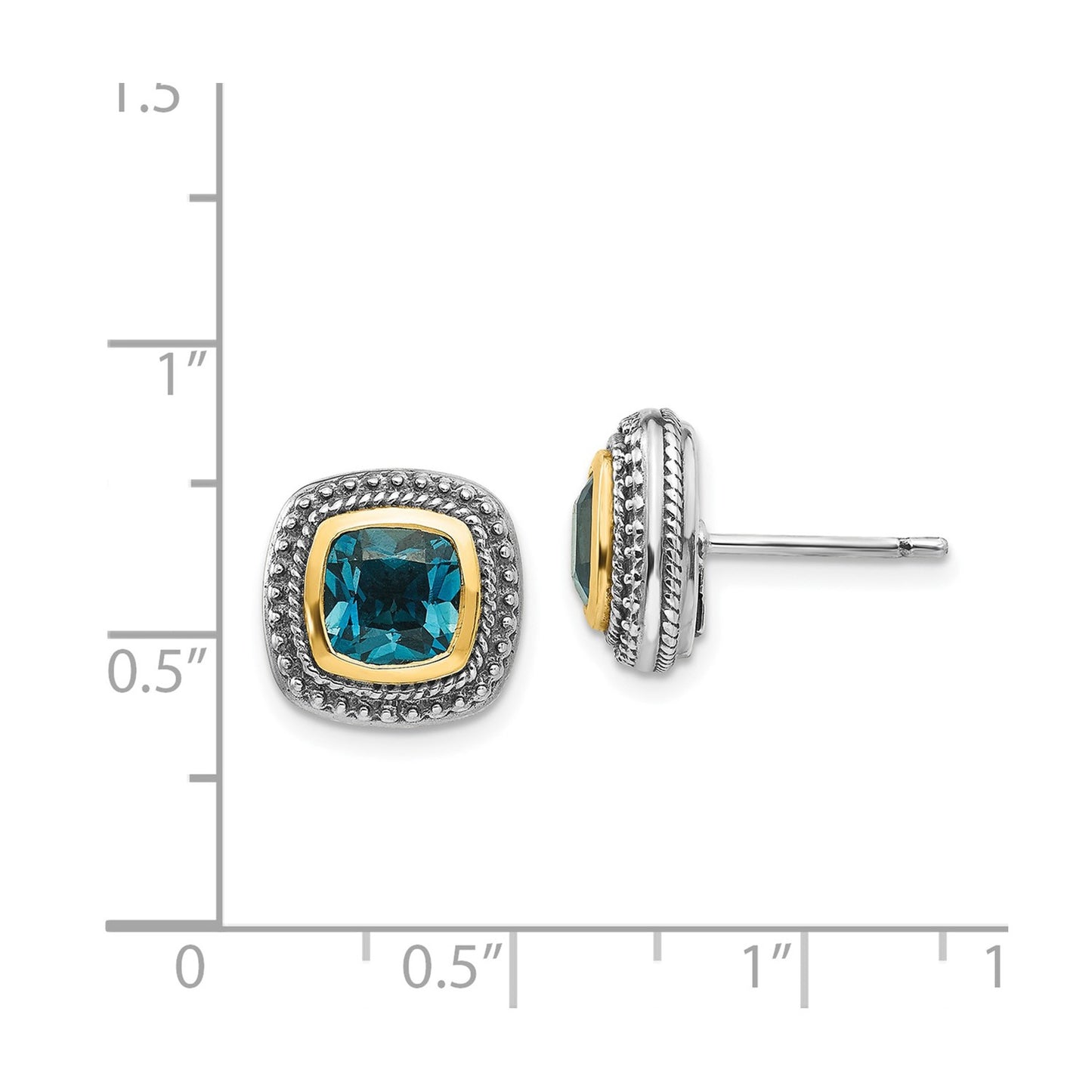 GSS Sterling Silver with 14K Accent Antiqued Cushion London Blue Topaz Post Earrings
