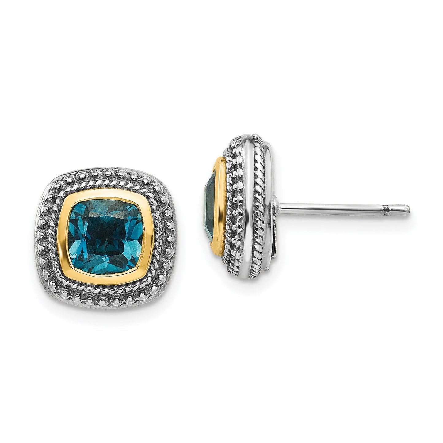 GSS Sterling Silver with 14K Accent Antiqued Cushion London Blue Topaz Post Earrings