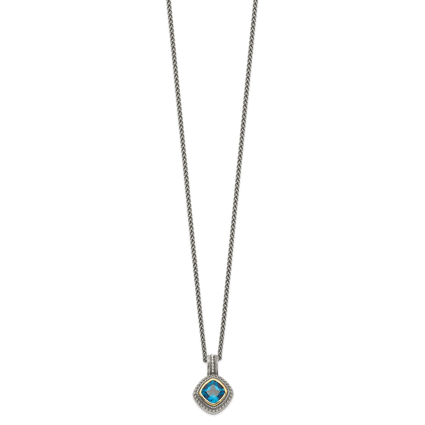 GSS Sterling Silver with 14K Accent 18 Inch Antiqued Cushion Bezel London Blue Topaz Necklace