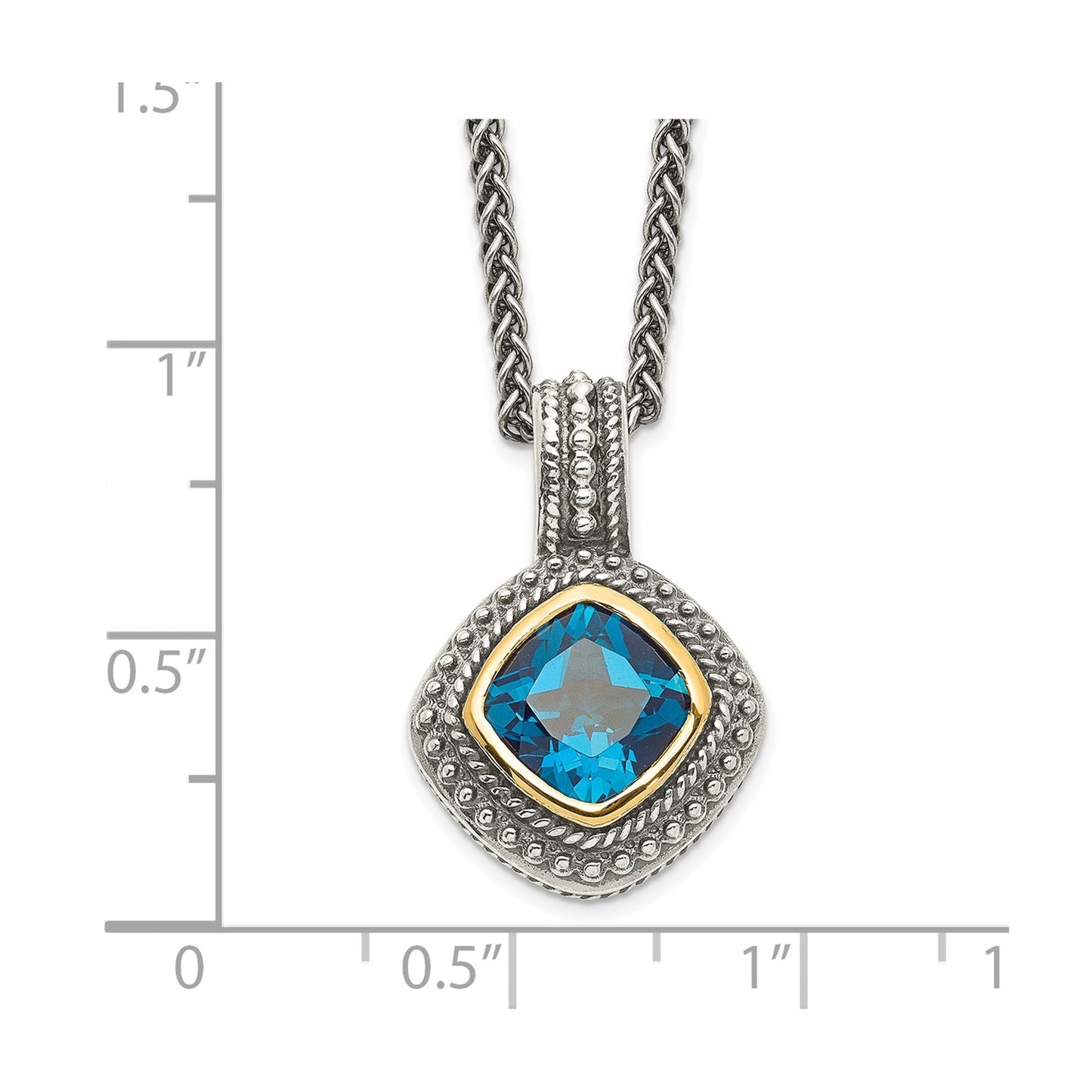 GSS Sterling Silver with 14K Accent 18 Inch Antiqued Cushion Bezel London Blue Topaz Necklace