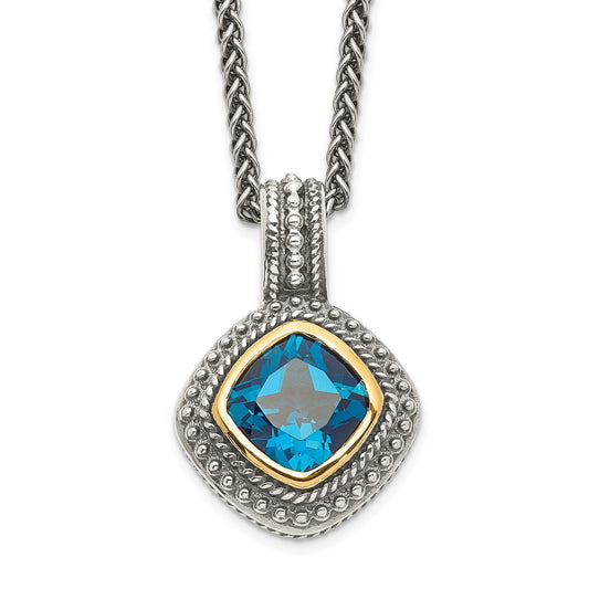 GSS Sterling Silver with 14K Accent 18 Inch Antiqued Cushion Bezel London Blue Topaz Necklace
