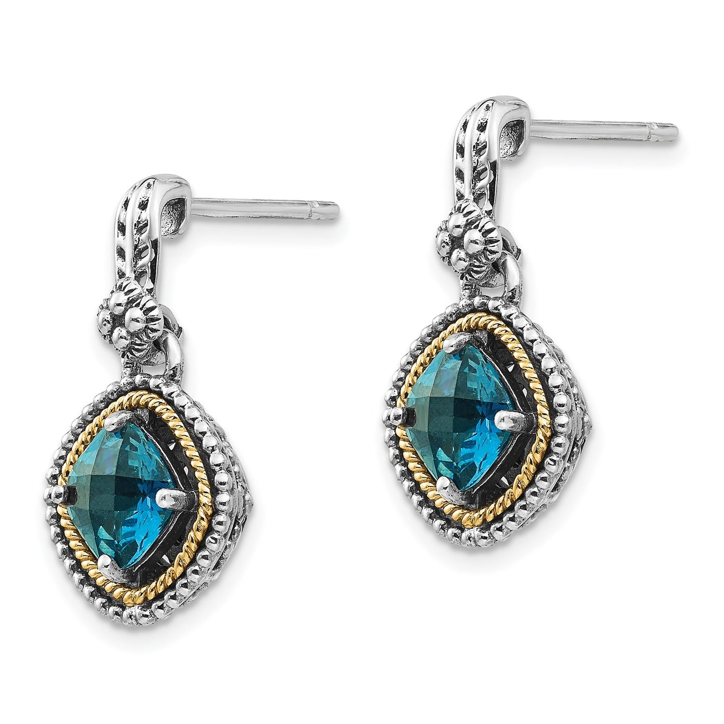 GSS Sterling Silver with 14K Accent Antiqued Cushion London Blue Topaz Post Dangle Earrings