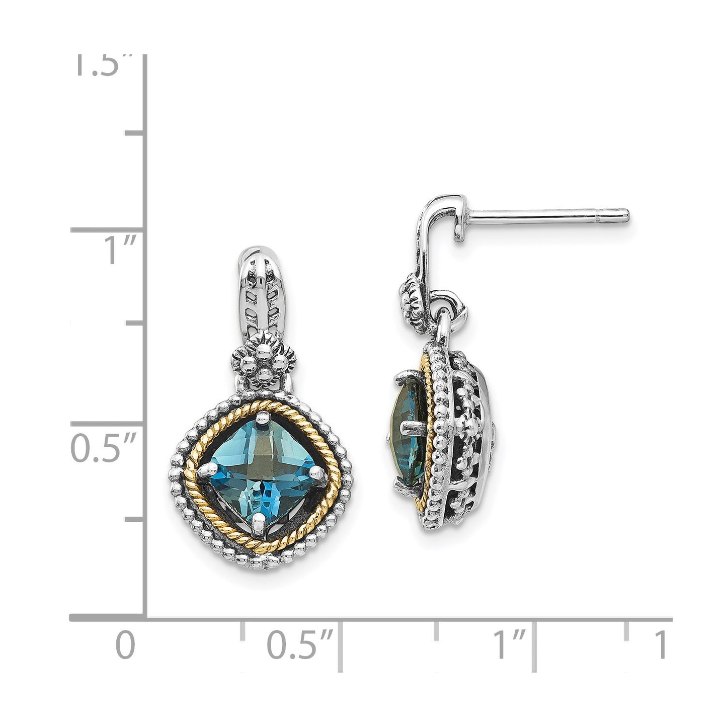 GSS Sterling Silver with 14K Accent Antiqued Cushion London Blue Topaz Post Dangle Earrings