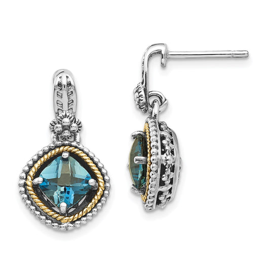 GSS Sterling Silver with 14K Accent Antiqued Cushion London Blue Topaz Post Dangle Earrings