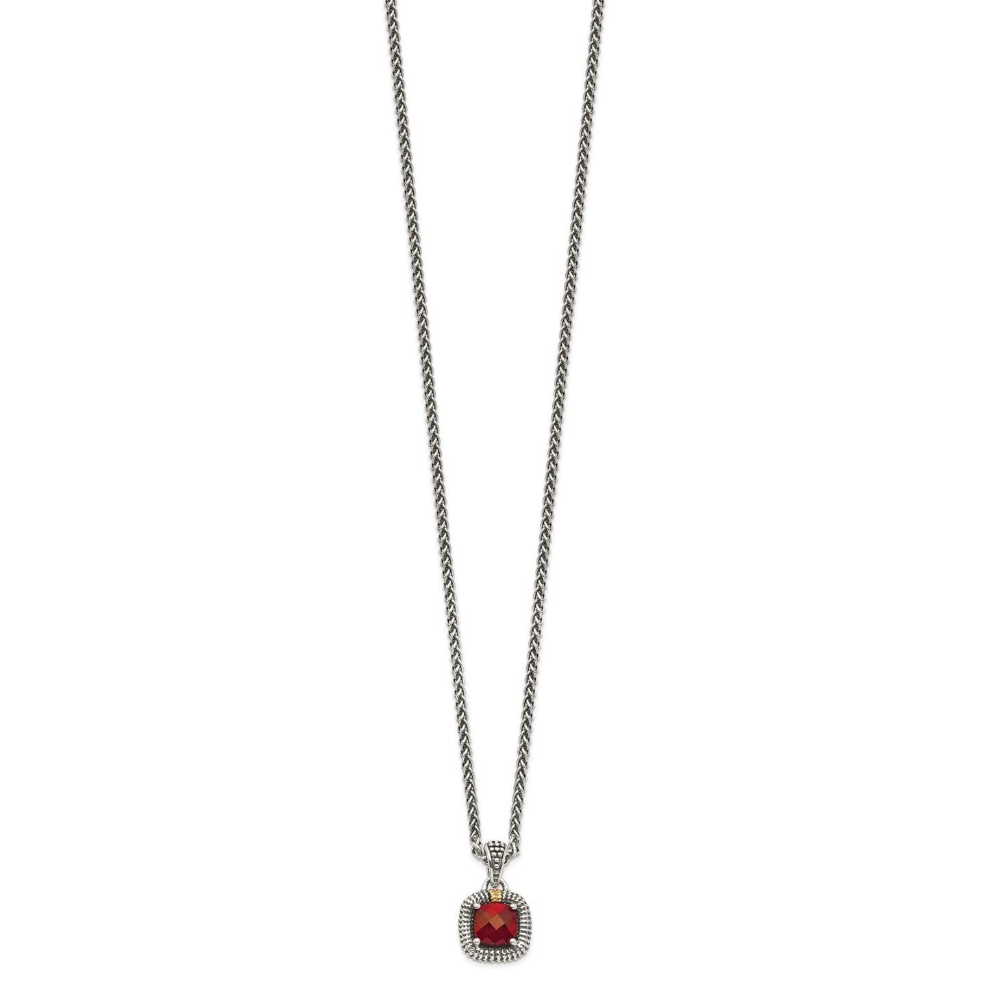 GSS Sterling Silver with 14K Accent 18 Inch Antiqued Checkerboard Bezel Garnet Necklace